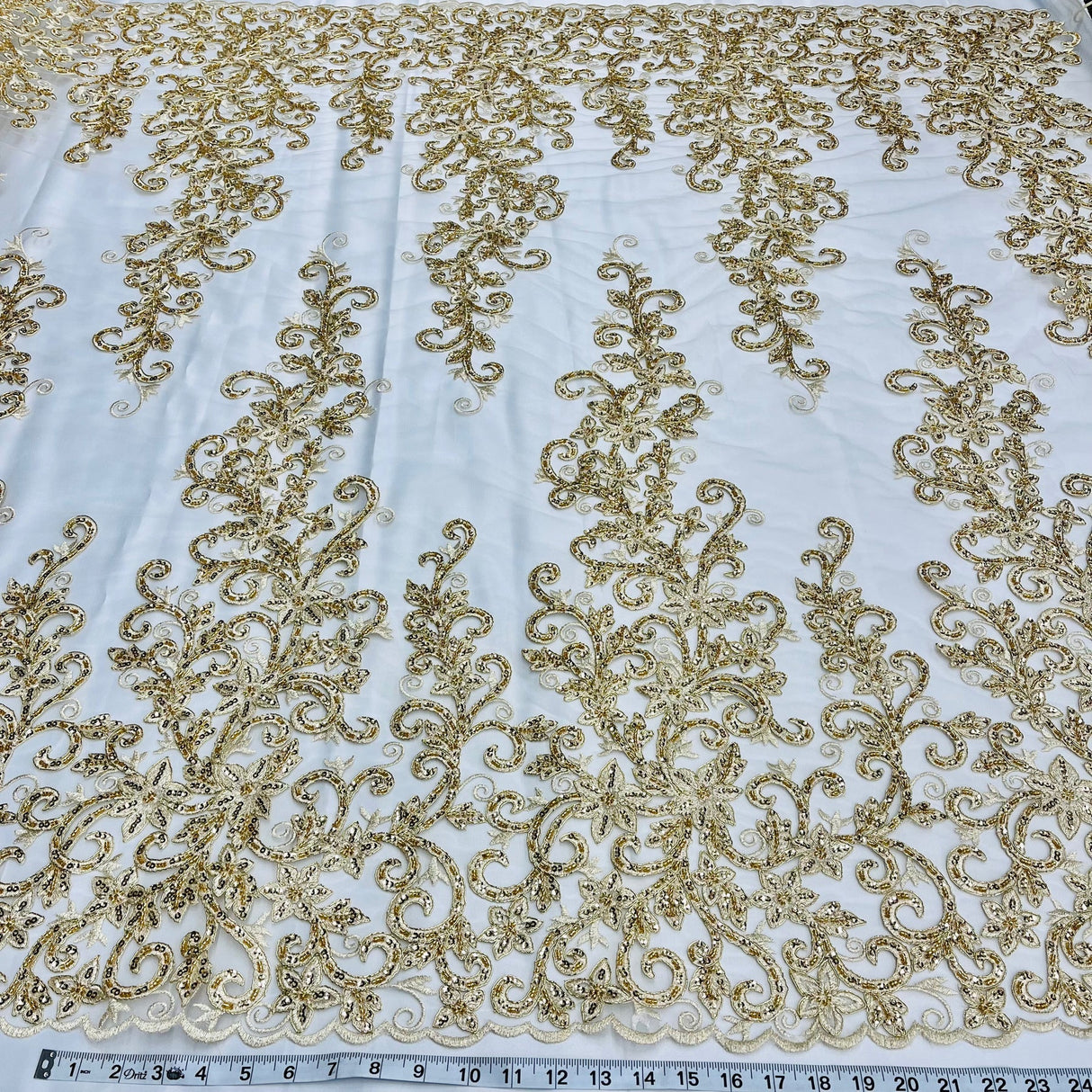 1 Yard Ivory Beaded & Corded Bridal Fabric Lace Embroidered on Polyester Net Mesh, 51" Width, Elegant Wedding Fabric