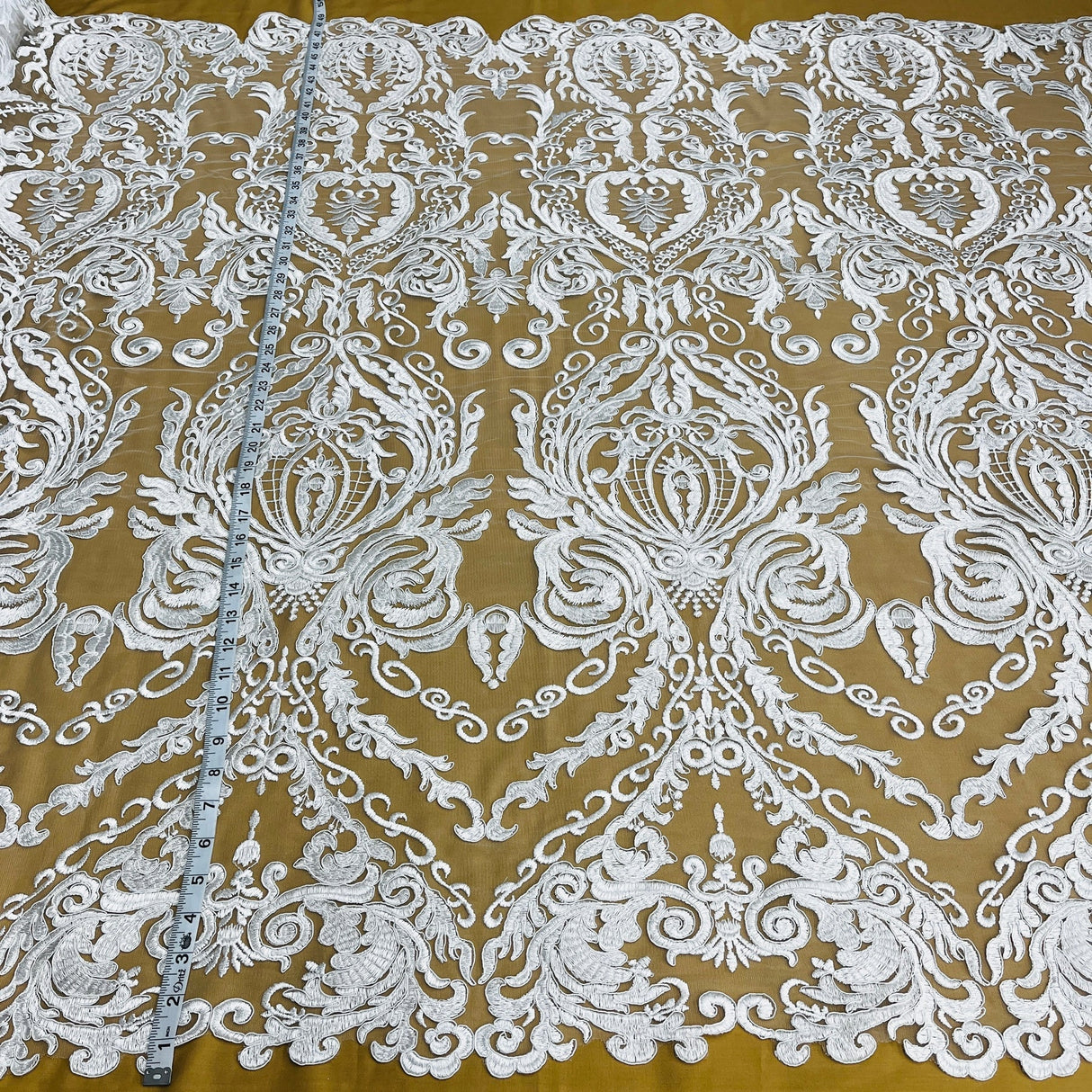 1 Yard White Corded Bridal Lace Fabric, 48” Wide Embroidered Polyester Mesh