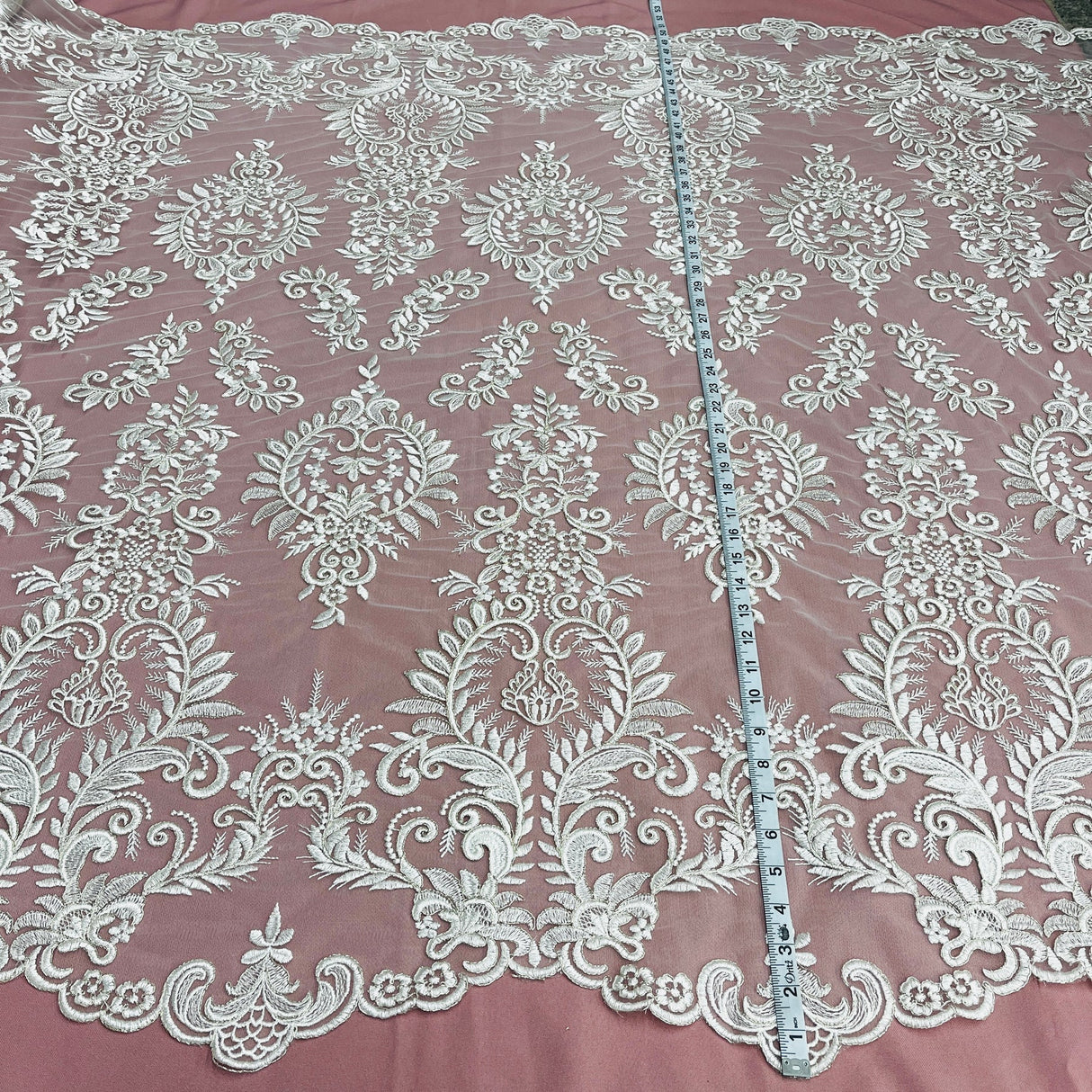 1 Yard Elegant Corded Bridal Lace Fabric Embroidered on Polyester Net Mesh 52" Width