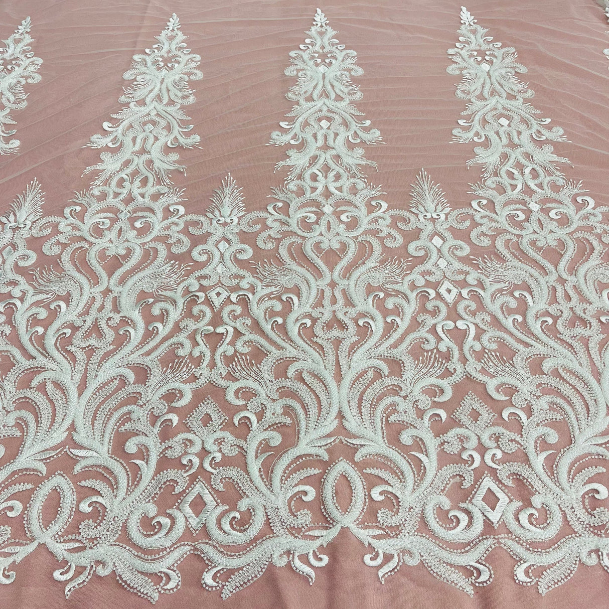 1 Yard Beaded Lace Fabric Embroidered with Fuzzy Thread & Sequins on Polyester Net Mesh for Bridal, Evening & Couture Gowns 49" Wide
