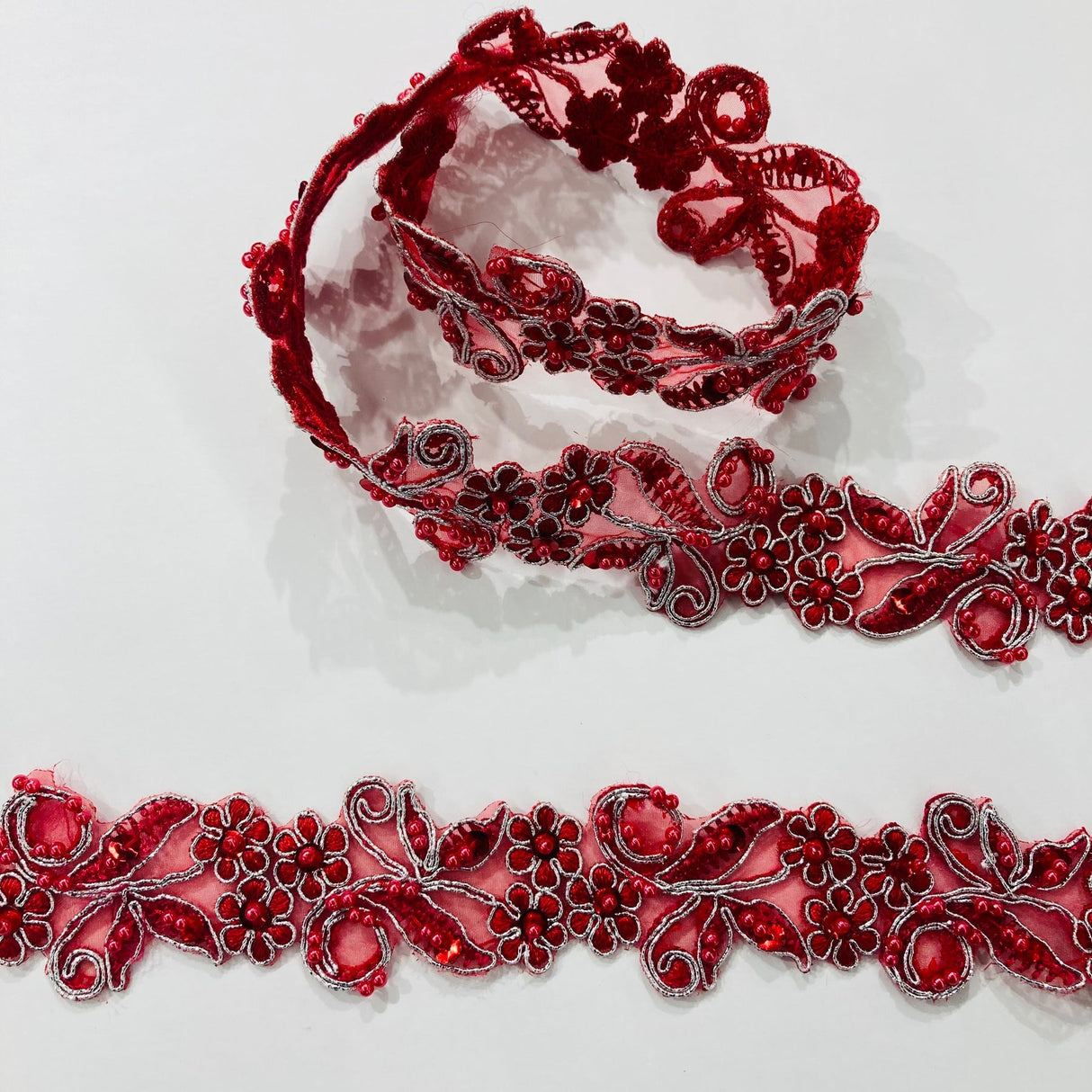 1 Yard Exquisite Beaded & Corded Lace Trimming Embroidered on 100% Polyester Organza for Bridal and Evening Dresses 1.5 Inch Width