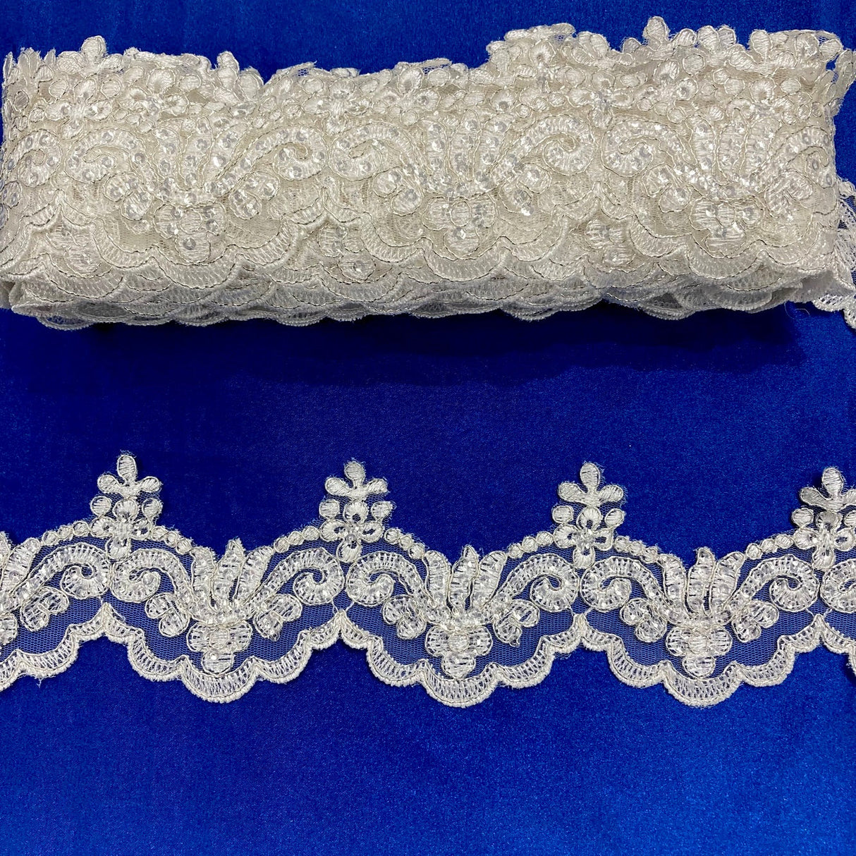 1 Yard Beaded & Corded Lace Trimming on Net Mesh – 3" Wide with Silver | Embroidered Couture Lace for Dresses