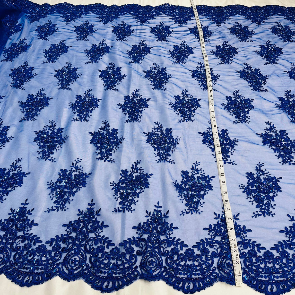 1 Yard Elegant Champagne Beaded Corded Lace Fabric on Net Mesh 56 inch Width