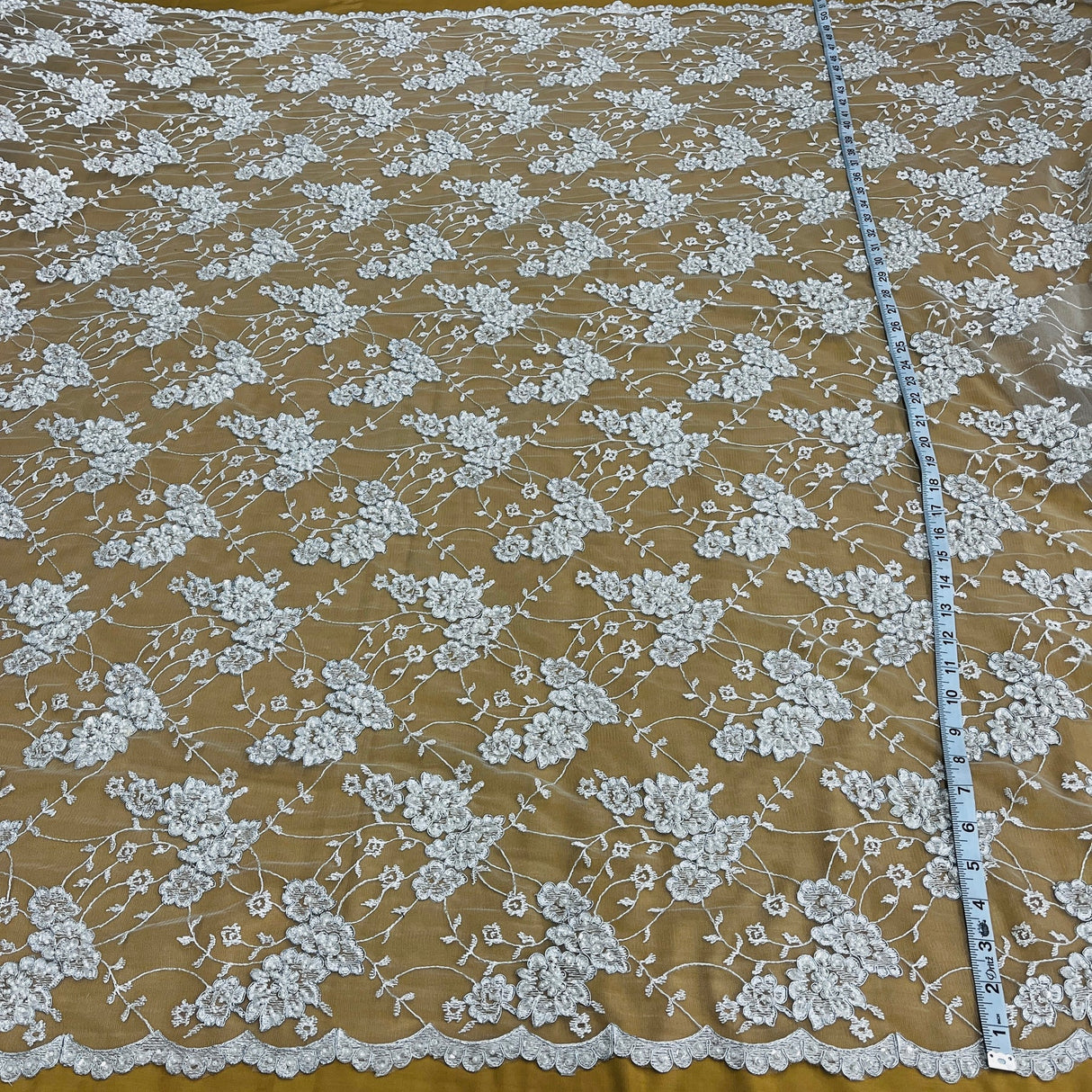 1 Yard Fuchsia Beaded Corded Lace Fabric Embroidered on Polyester Net Mesh 52 inch Width