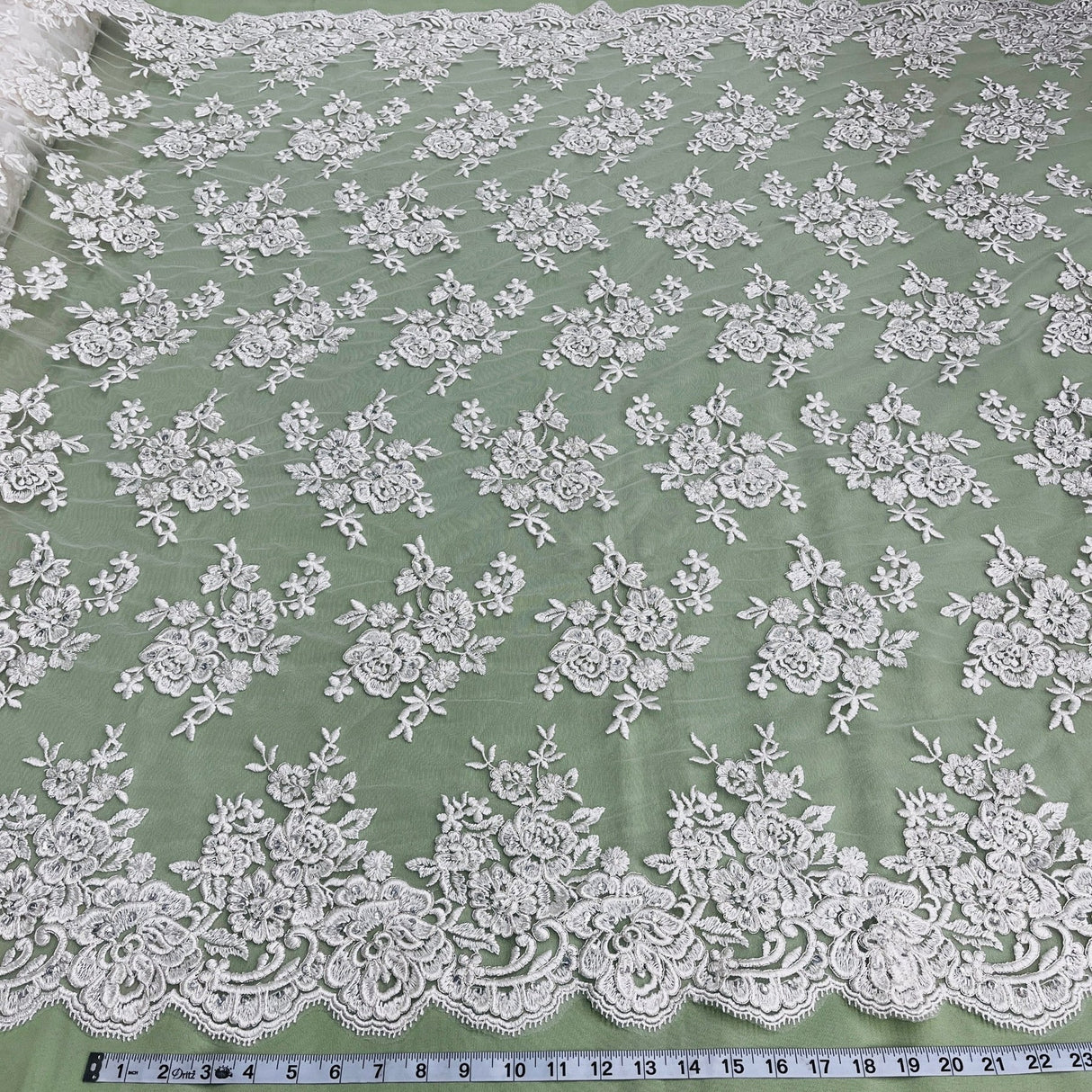 1 Yard Exquisite Ivory Silver Beaded Corded Bridal Lace Fabric on Net Mesh 51 inch Width