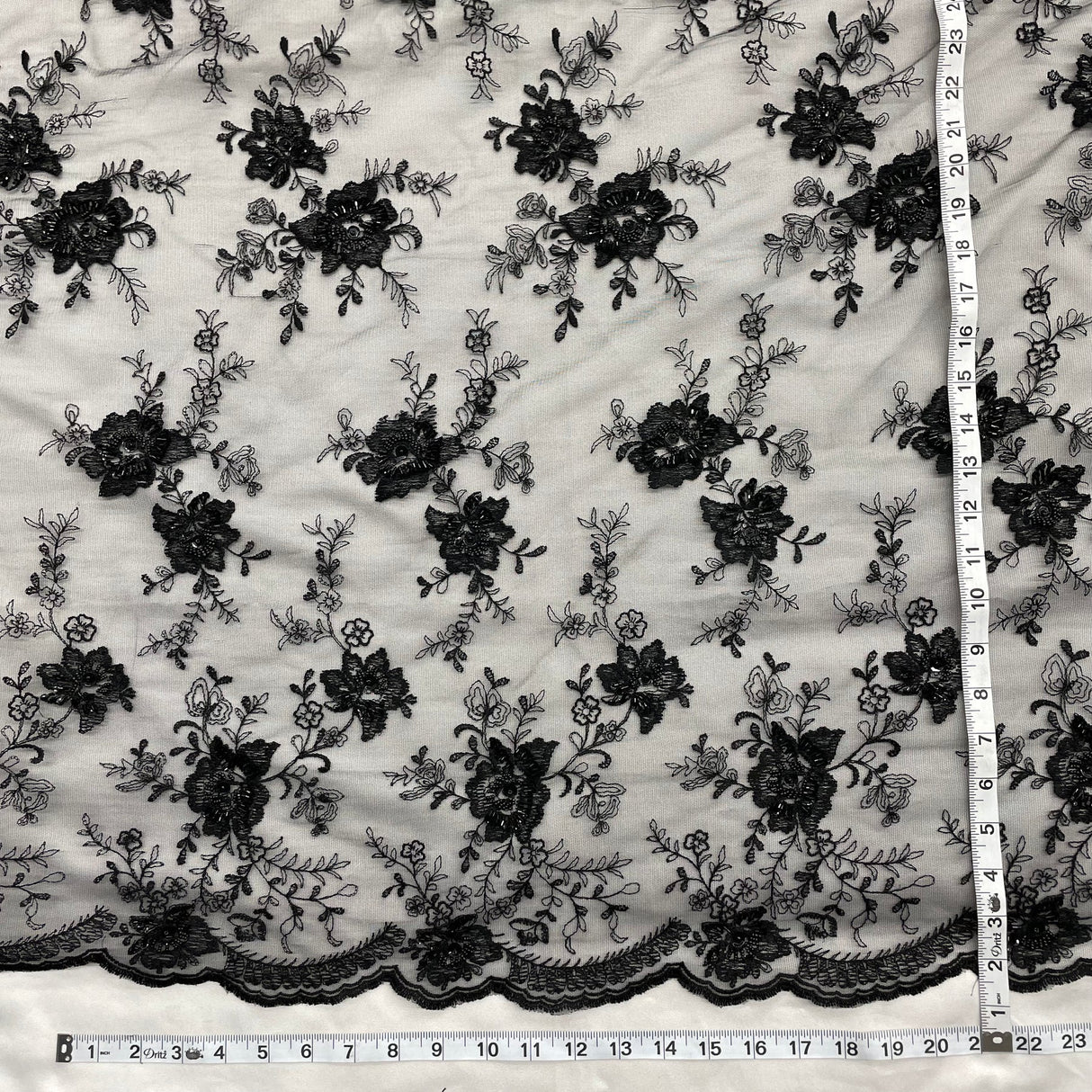 1 Yard Beaded Lace Fabric Black Polyester Net Mesh, with Beads and Sequins, 53 Inches Wide