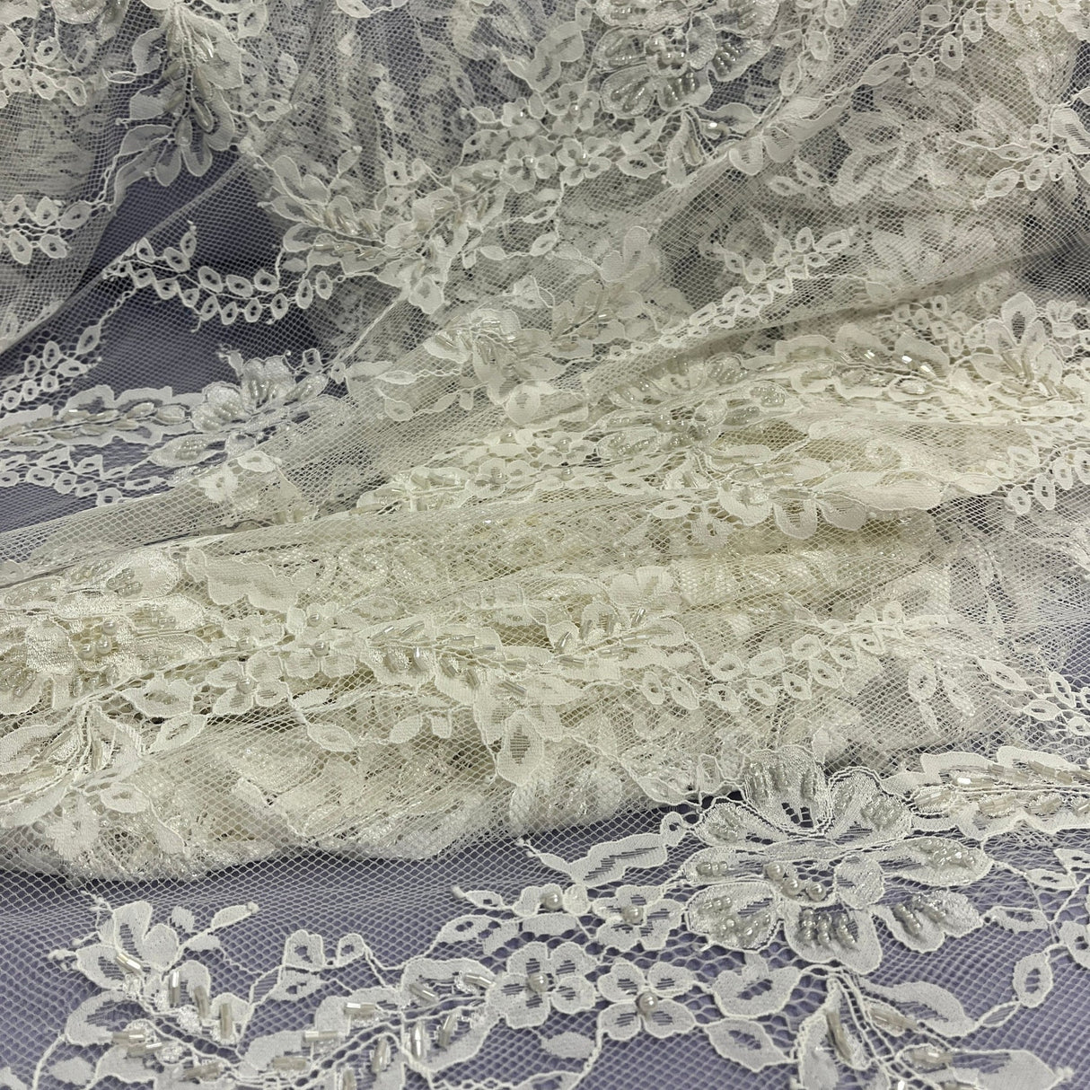 3 Yards Beaded Chantilly Embroidered Lace Fabric with Eyelash Scallop 56" Wide Elegant Special Occasion Lace