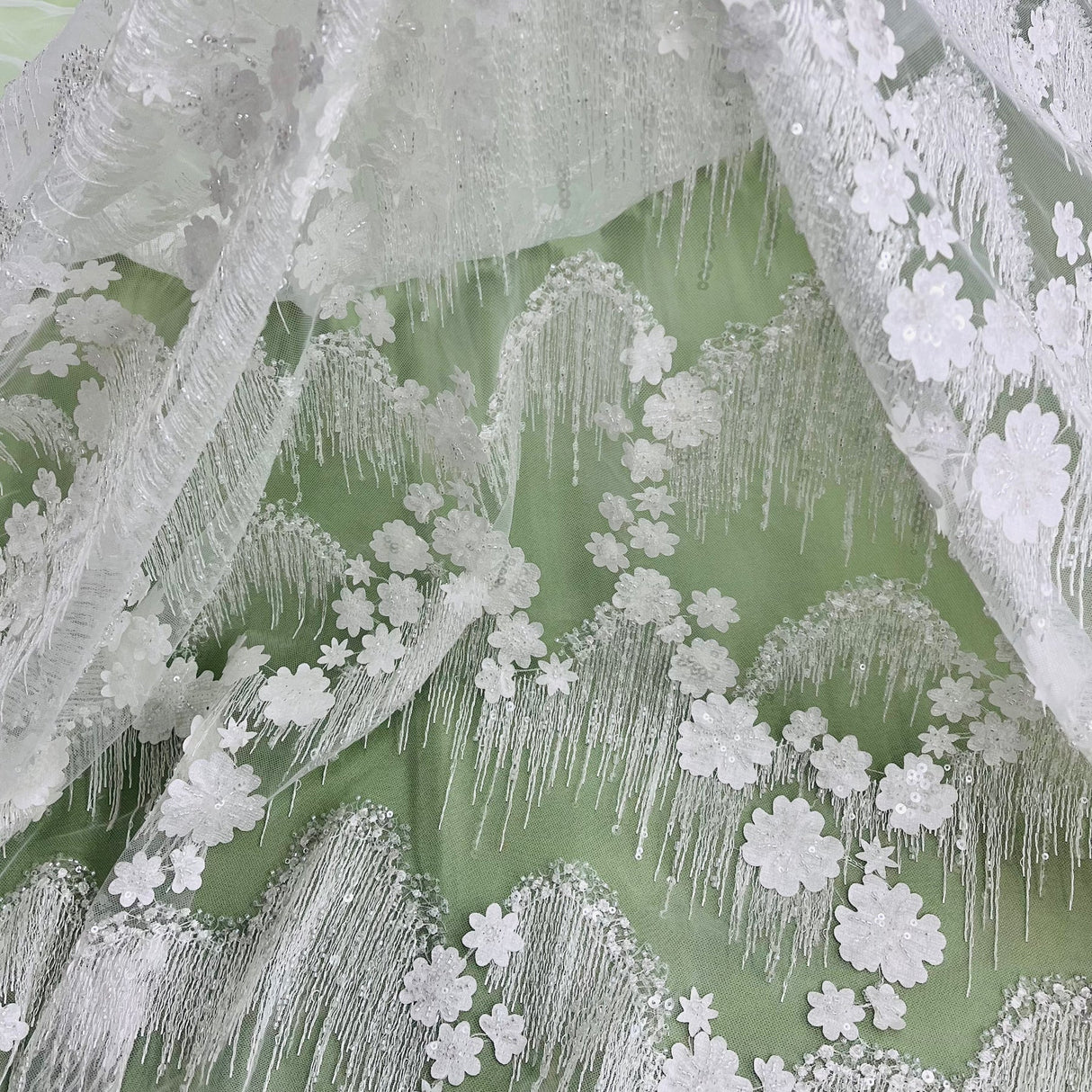 1 Yard Exquisite Off White Beaded 3D Floral Lace Fabric on Net Mesh 52 inch Width
