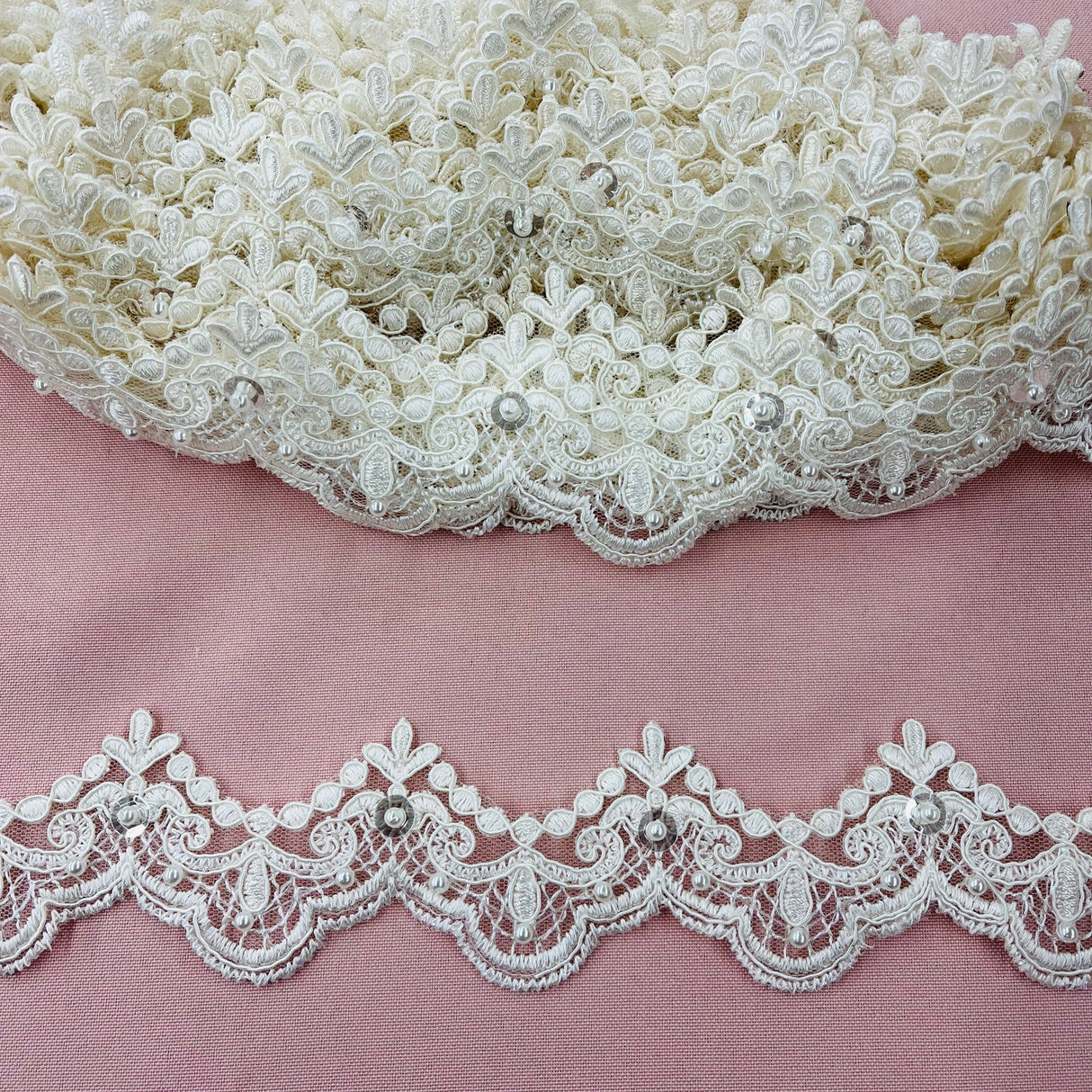1 Yard Beaded & Corded Lace Trimming on Net Mesh | 2" Wide | Elegant Embroidered Trim for Bridal, Formalwear & Costumes