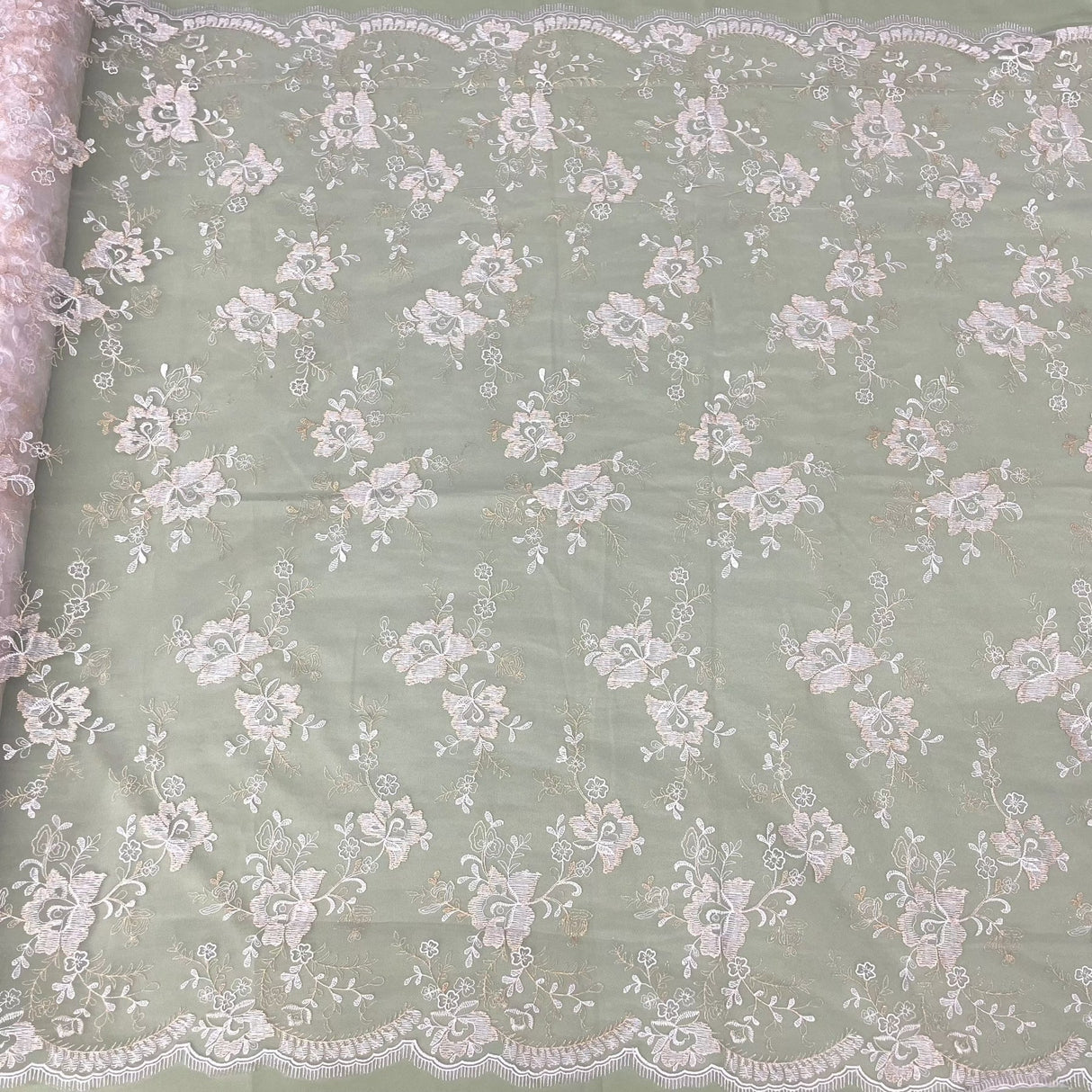 1 Yard Orange Beige Embroidered Lace Fabric on Polyester Net Mesh Elegant 51 Inch Width