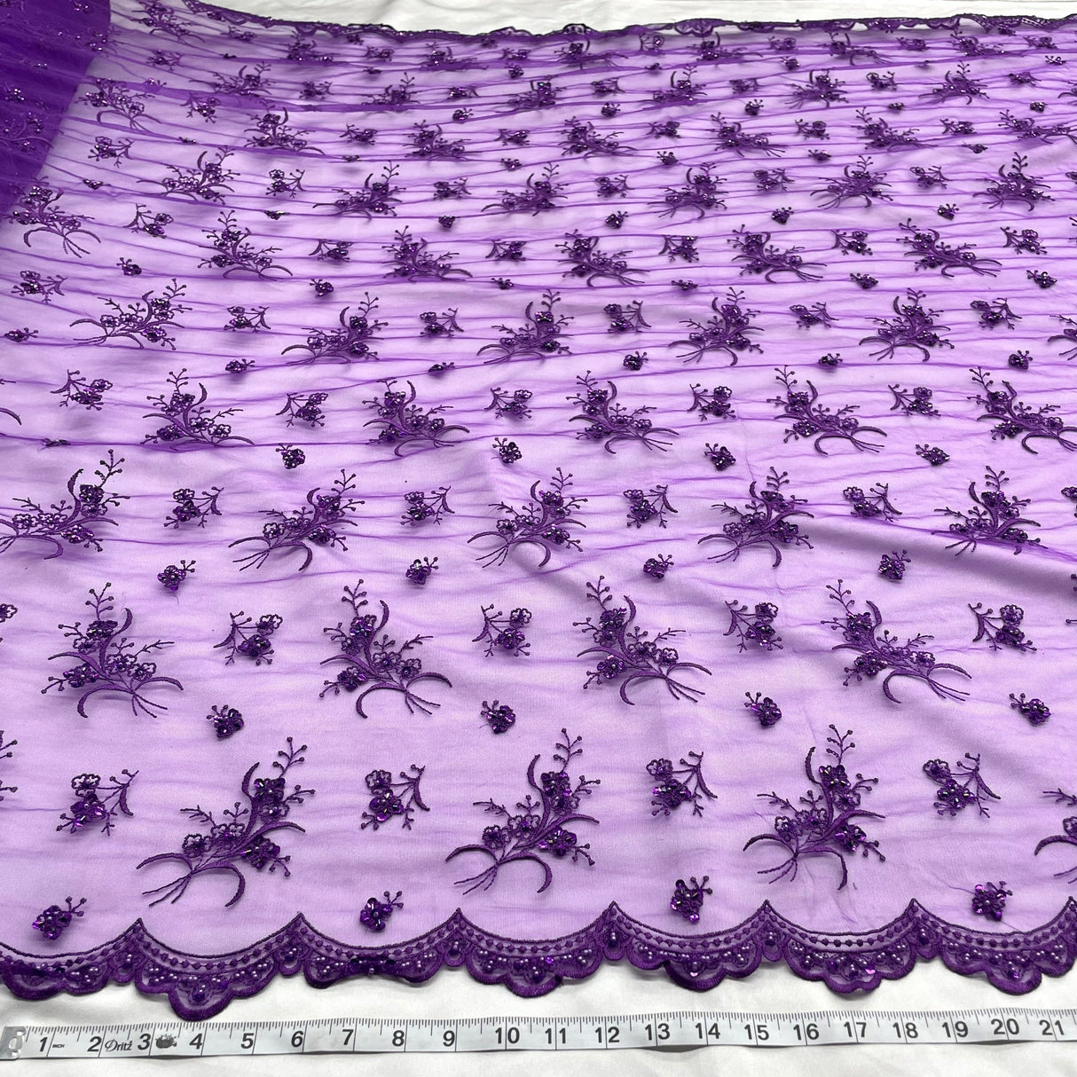 1 Yard Lace Beaded Fabric Fuchsia Polyester Net Mesh with Beads Pearls Sequins, 54 Inches Wide