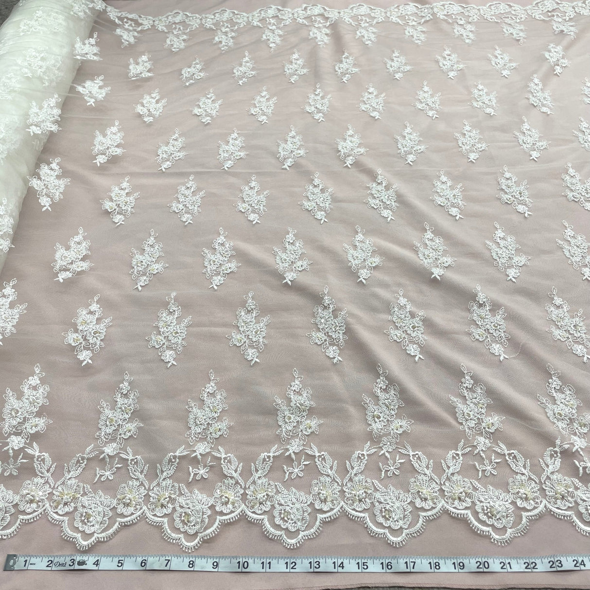 1 Yard Beaded Corded Lace Fabric Embroidered Elegant Mesh Bridal Gown 53" Width