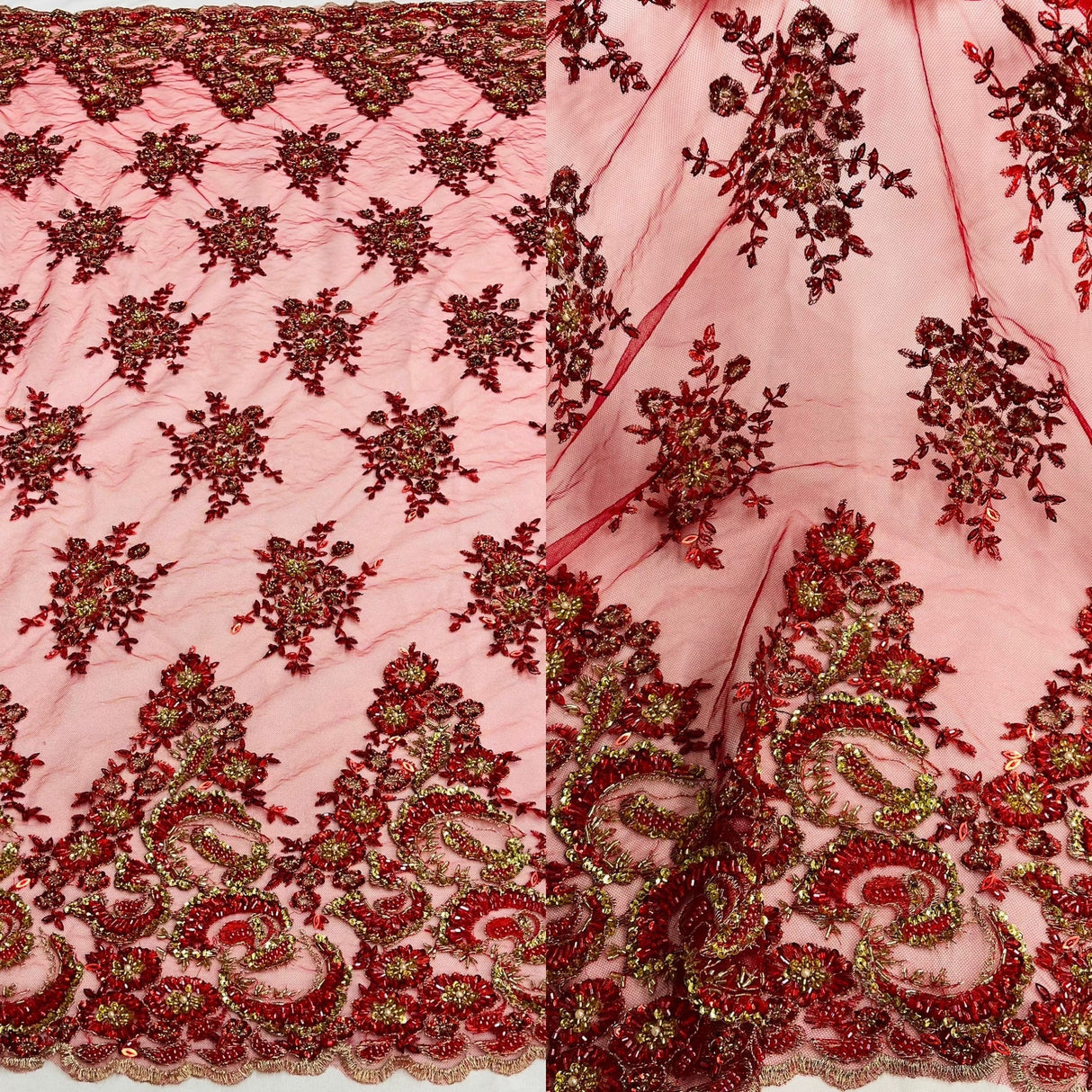 1 Yard Glamorous Black and Gold Beaded Sequined Lace Fabric on Polyester Net Mesh 52 inch Width