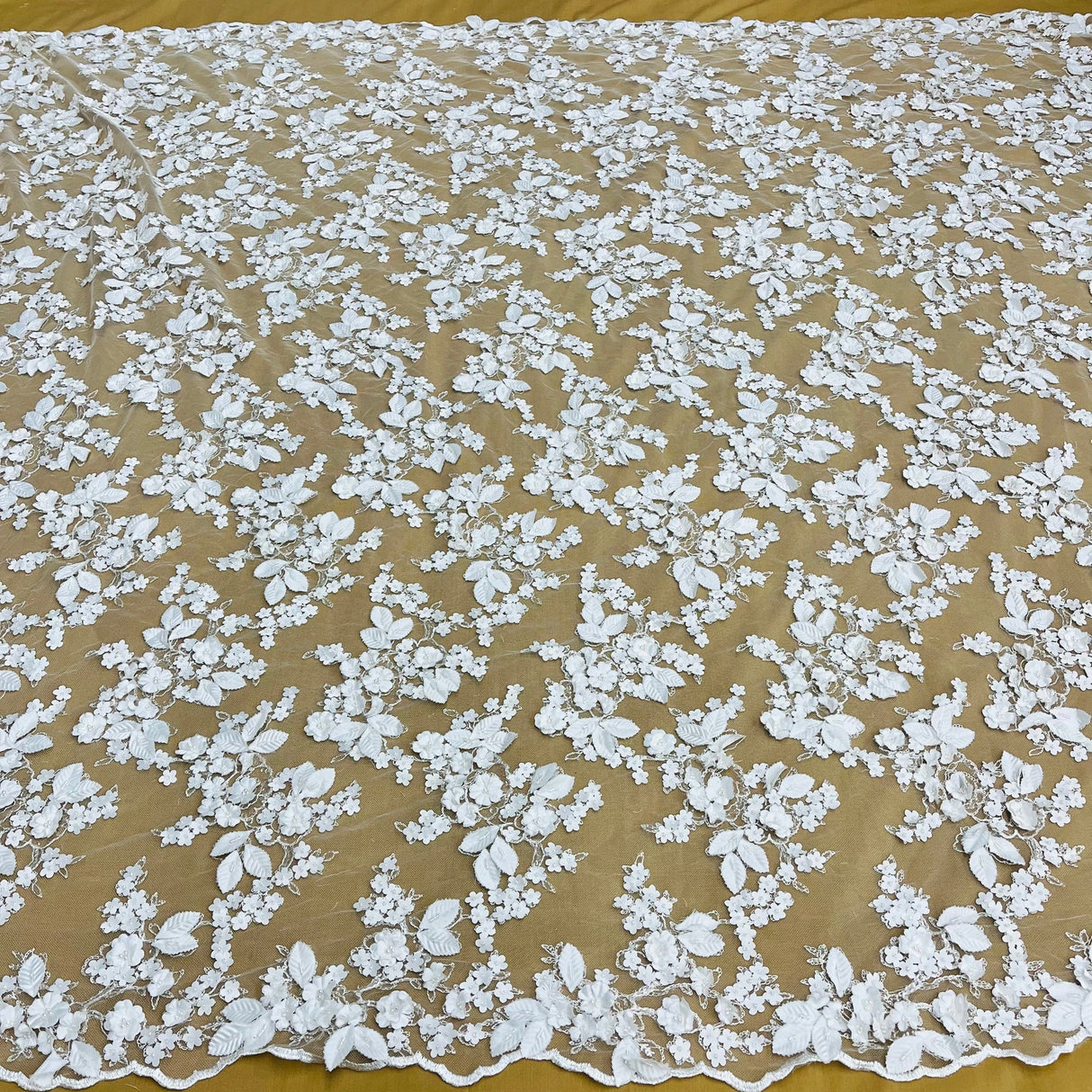 1 Yard Beaded 3D Floral Lace Fabric on Polyester Net Mesh, Off White, 44" Wide, Embroidered Lace Material