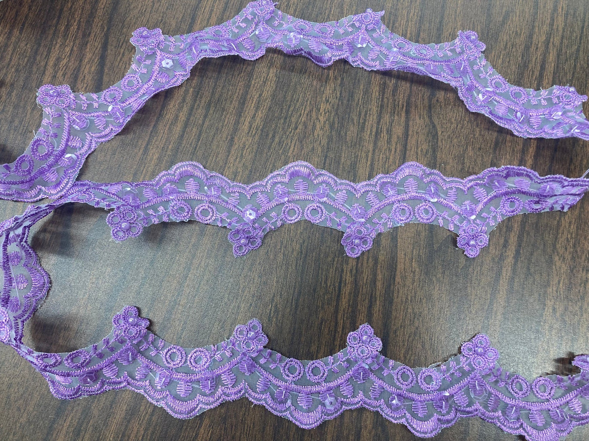 1 Yard Beaded Lace Trimming on Organza | 2.25" Wide | Decorative Beaded Trim for Bridal, Formalwear & Costumes
