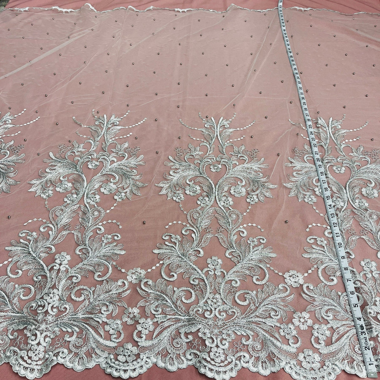 1 Yard Exquisite Beaded and Corded Bridal Lace Fabric Embroidered on Polyester Net Mesh 54" Width