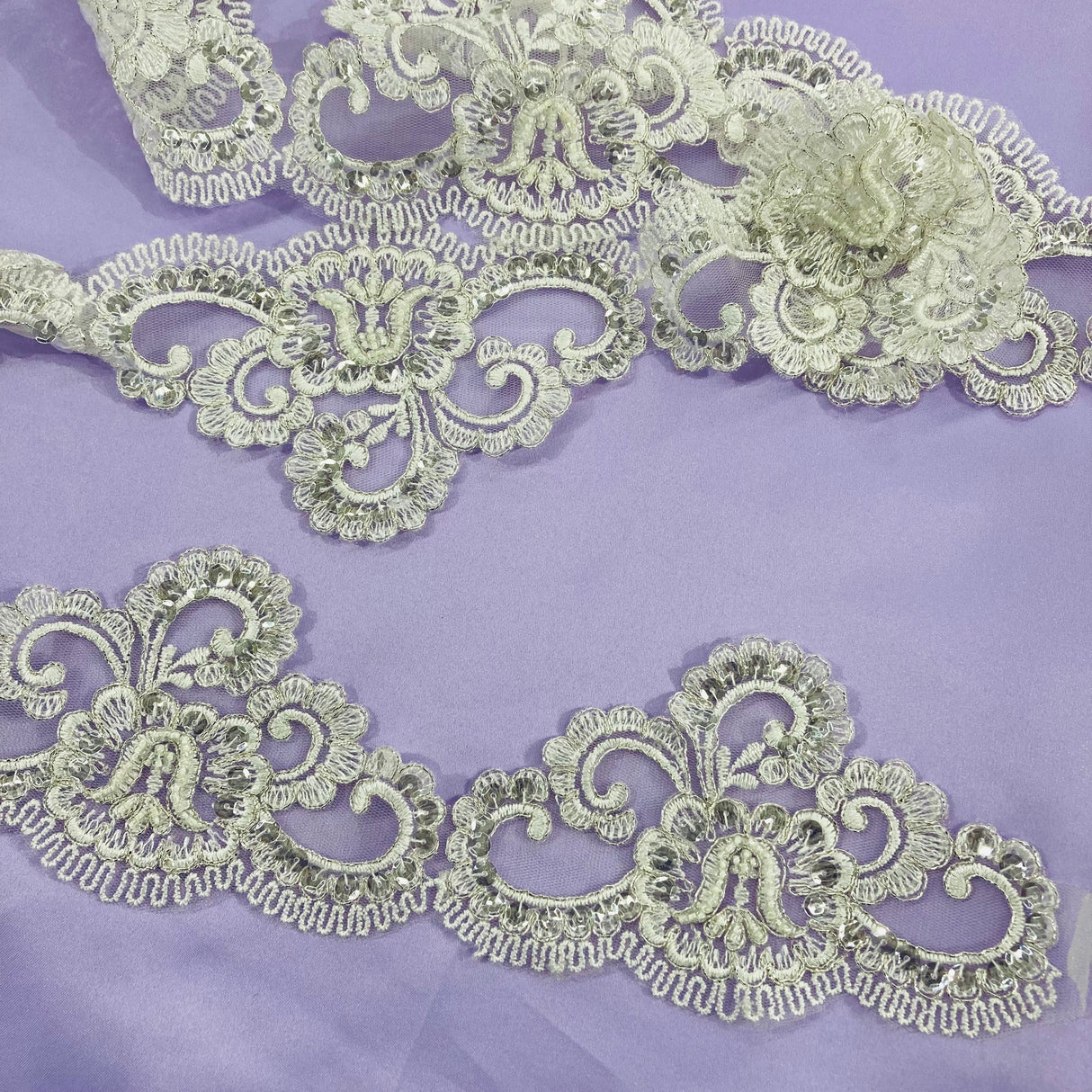 1 Yard Embroidered on 100% Polyester Net Mesh 4″ Wide Beaded & Corded Lace Trimming