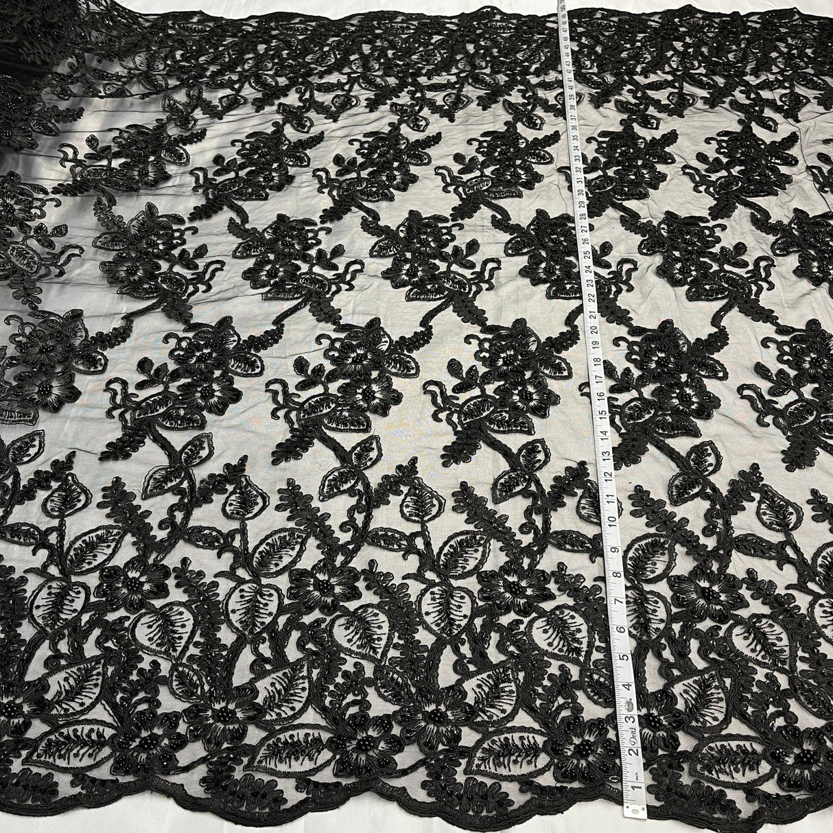 1 Yard Beaded and Corded Bridal Lace Fabric Embroidered on Soft Polyester Net Mesh 50" Width