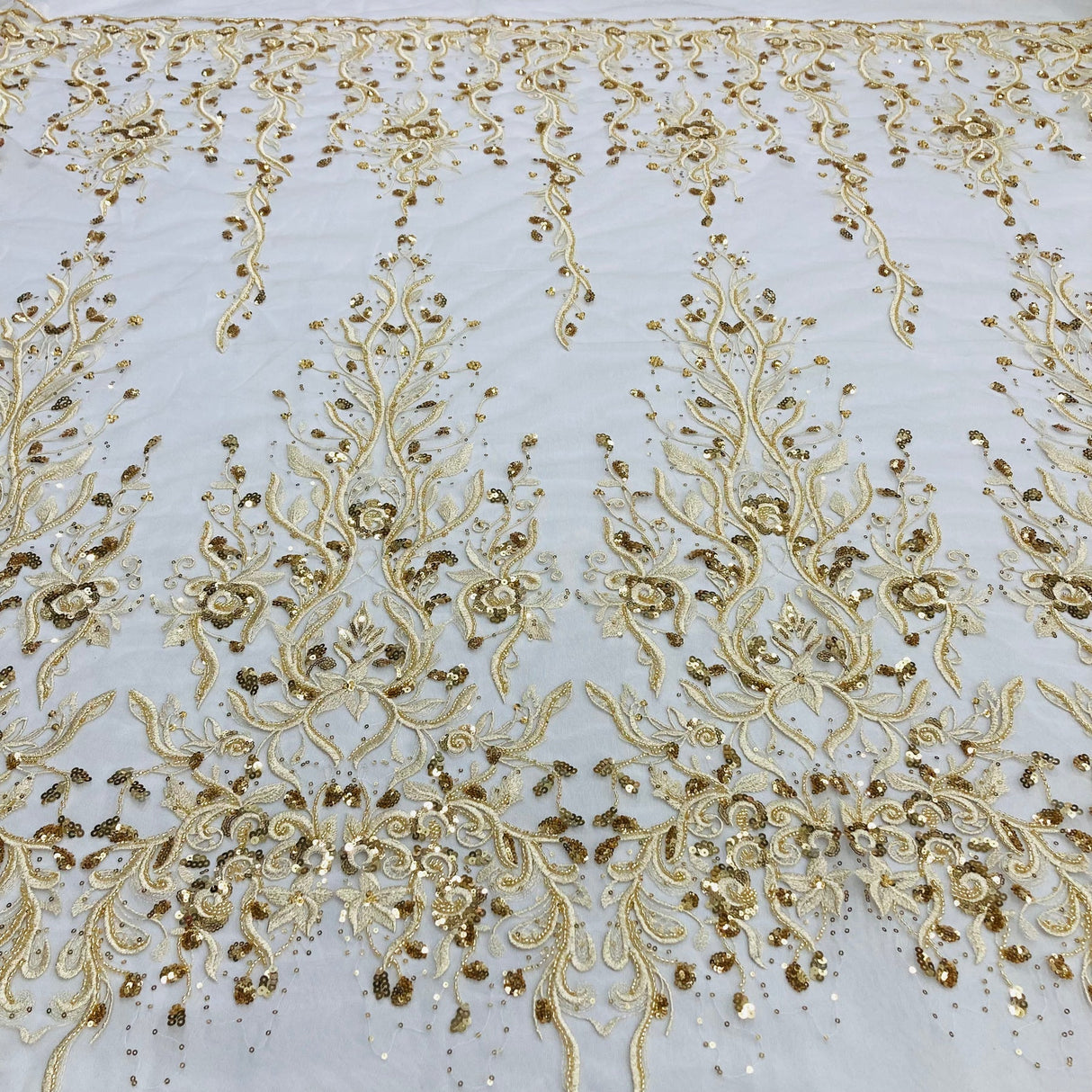 1 Yard Radiant Gold Beaded Lace Fabric Embroidered on 100% Polyester Net Mesh 52 inch Width