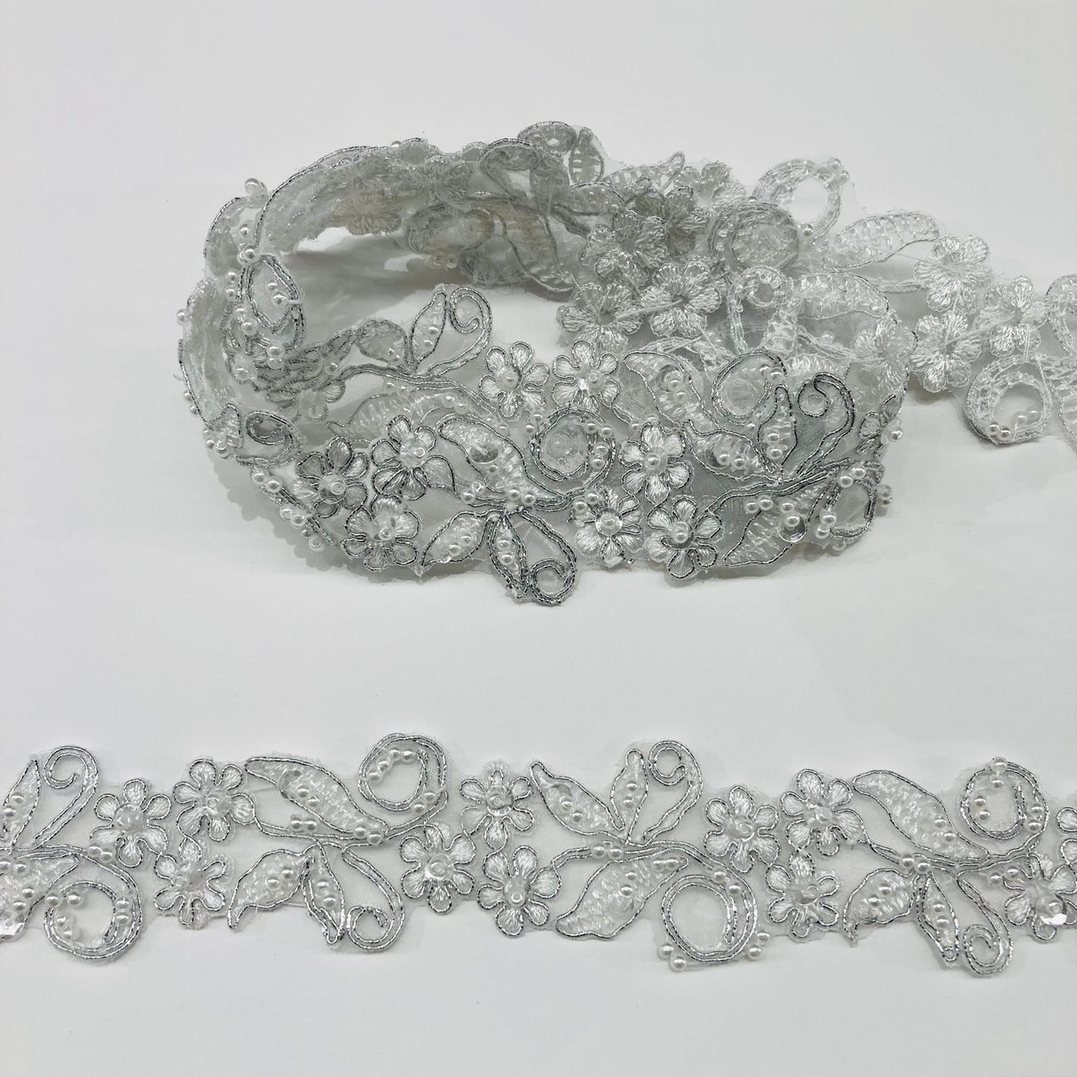 1 Yard Exquisite Beaded & Corded Lace Trimming Embroidered on 100% Polyester Organza for Bridal and Evening Dresses 1.5 Inch Width