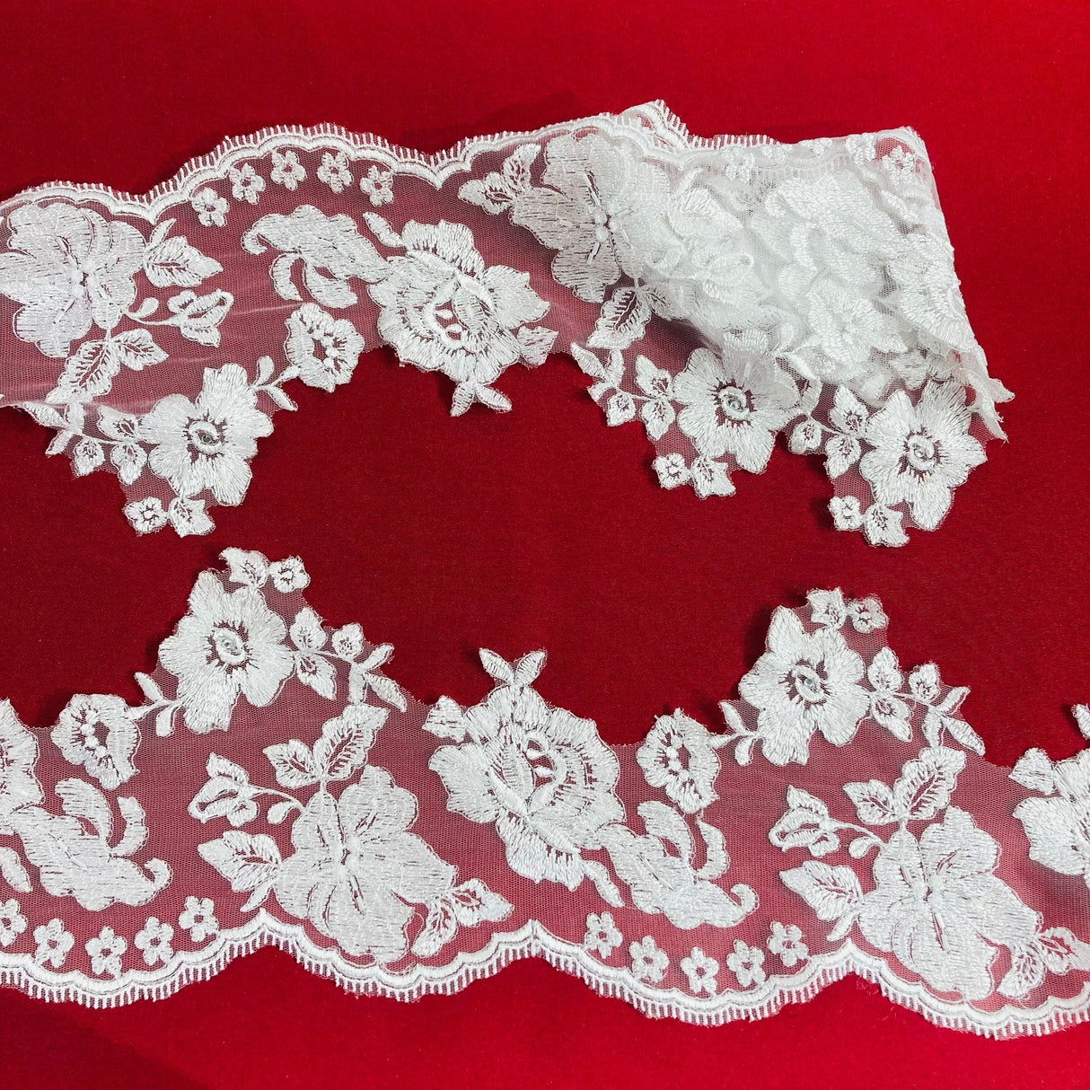 1 Yard Beaded Floral Lace Trim 6" Wide Embroidered on 100% Polyester Net Mesh