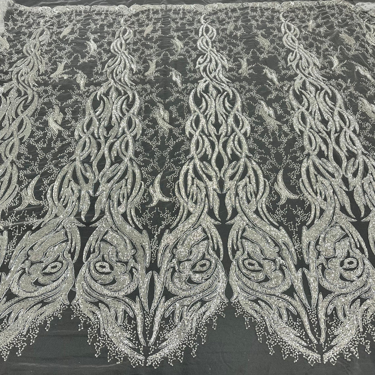 1 Yard Opulent Beaded & Corded Bridal Lace Embroidered on Polyester Net Mesh 58" Wide