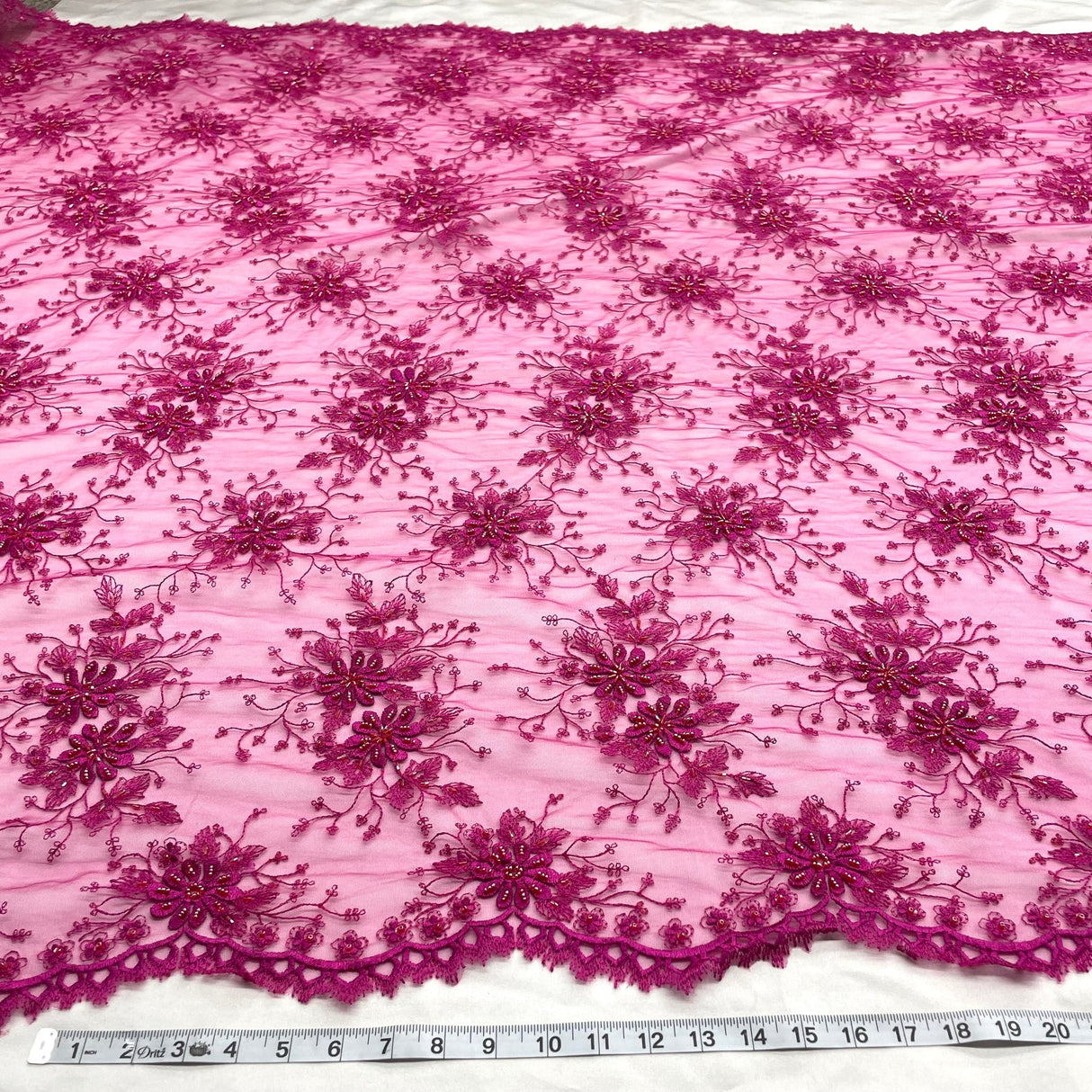 1 Yard Fuchsia Beaded Lace Fabric Embroidered on Polyester Net Mesh 52 Inch Width