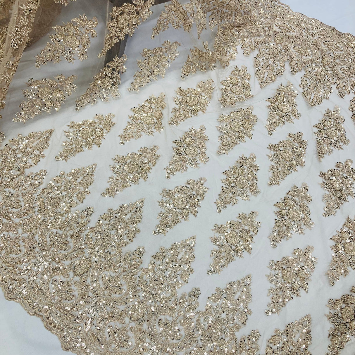 1 Yard Champagne Beaded Embroidered Lace Fabric on Polyester Mesh, 50" Width,