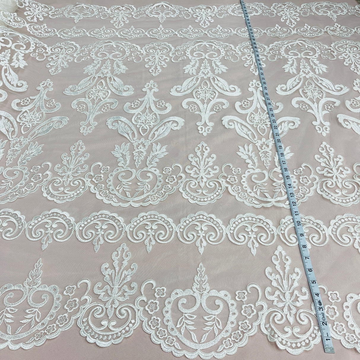 1 Yard Ivory with Silver Corded Bridal Lace Fabric Embroidered on Polyester Net Mesh 51 inch Width