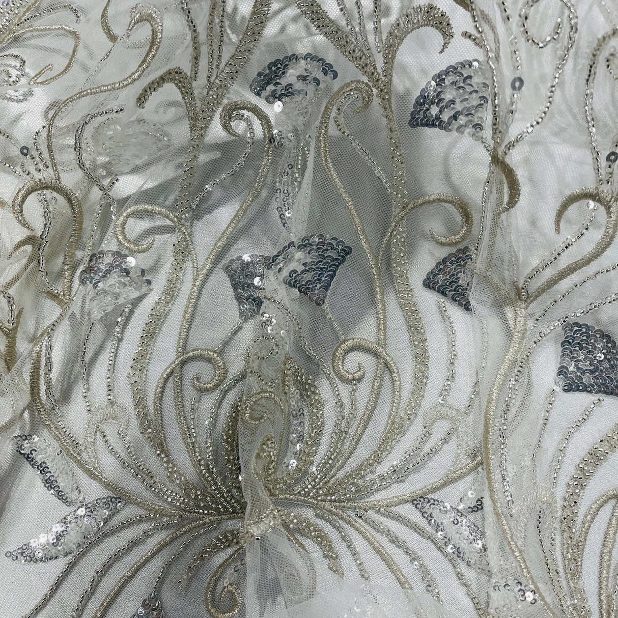 1 Yard Beaded Lace Fabric Embroidered on Polyester Net Mesh, 52" Wide, Premium Fabric for Dressmaking & Crafting