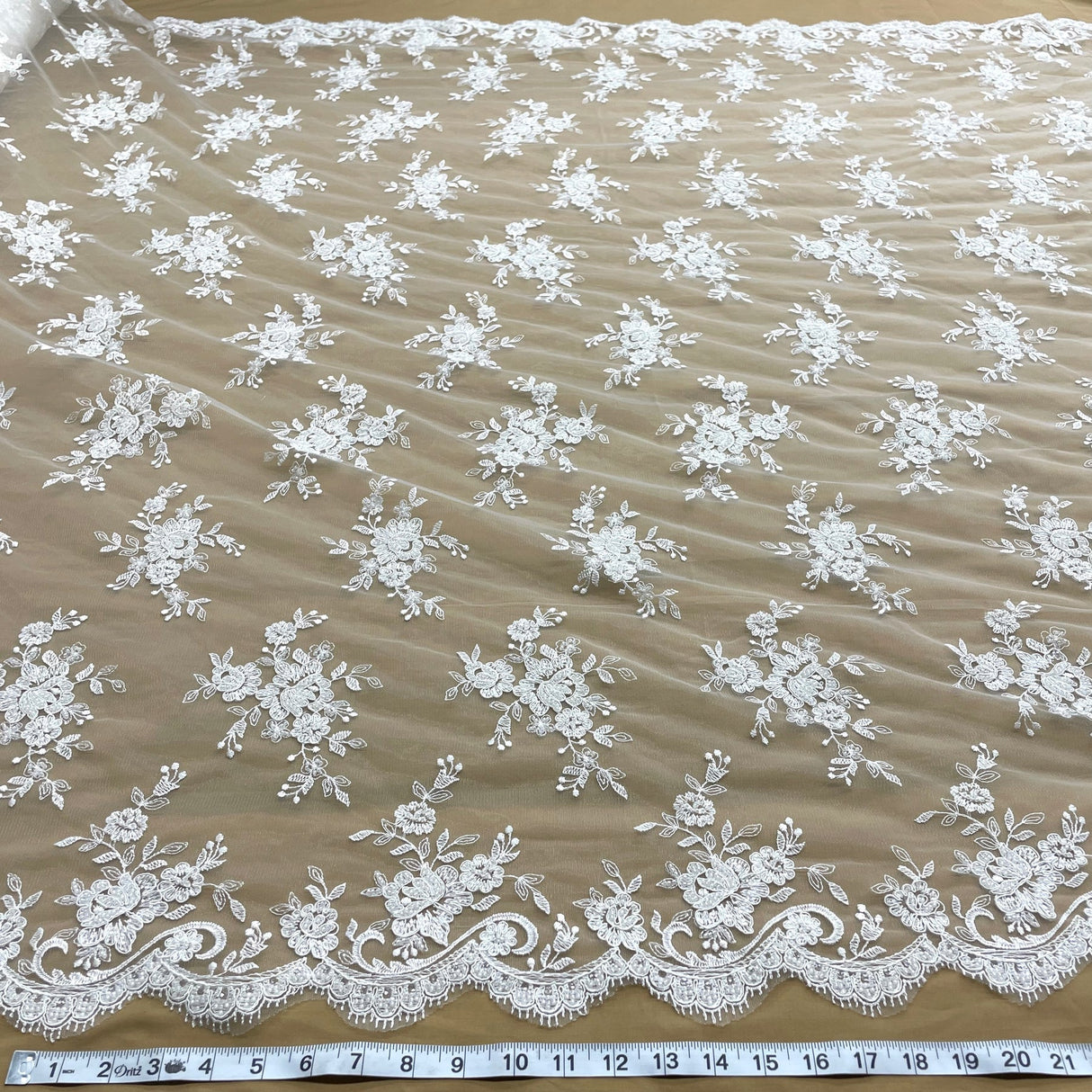 1 Yard Elegant Ivory Corded Beaded Bridal Lace Fabric on Net Mesh 54 inch Width