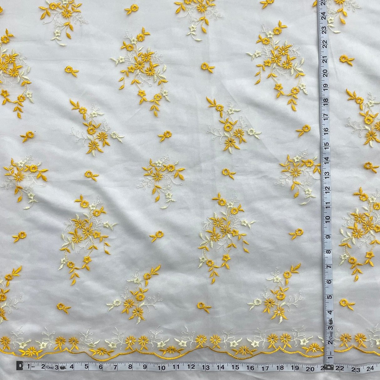 1 Yard Yellow Beaded Lace Fabric Embroidered on Polyester Net Mesh Luxurious 54 Inch Width