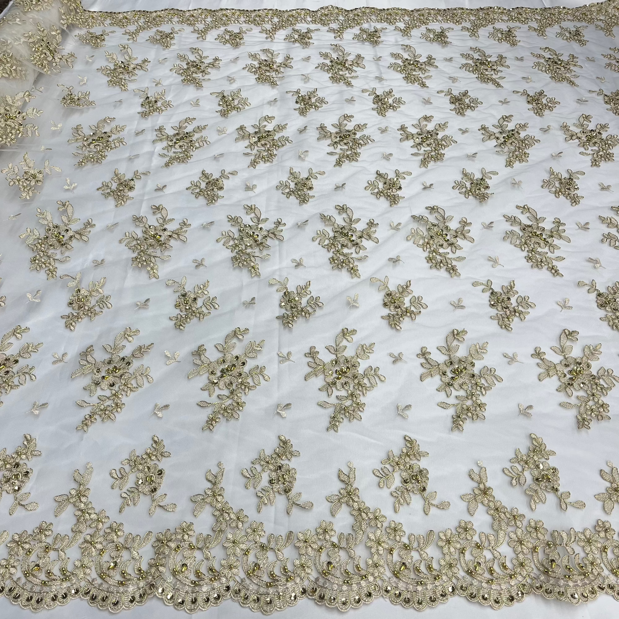 1 Yard Luxurious Beaded and Corded Bridal Lace Fabric Embroidered on Polyester Net Mesh 52 inch Width