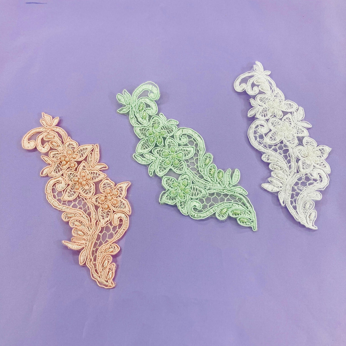 1 Pair Beaded Lace Applique Embroidered on 100% Polyester Organza 7" x 2.5" Each Side