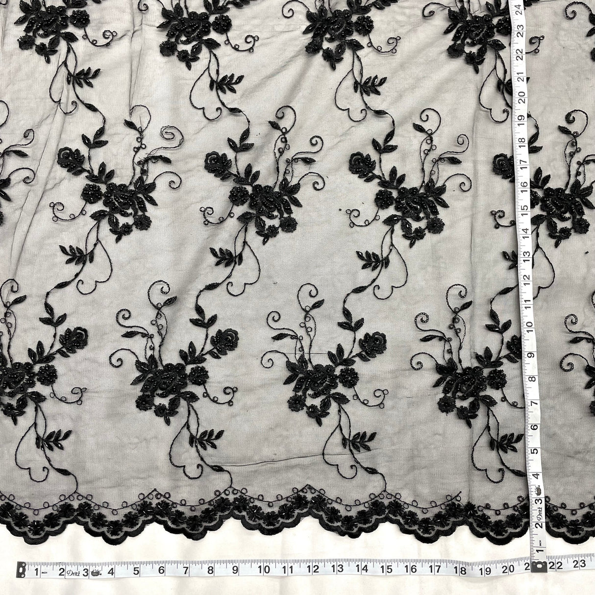 1 Yard Black Beaded Lace Fabric with Sequins and Pearls for Bridal and Evening Gowns, 51 Inches Wide