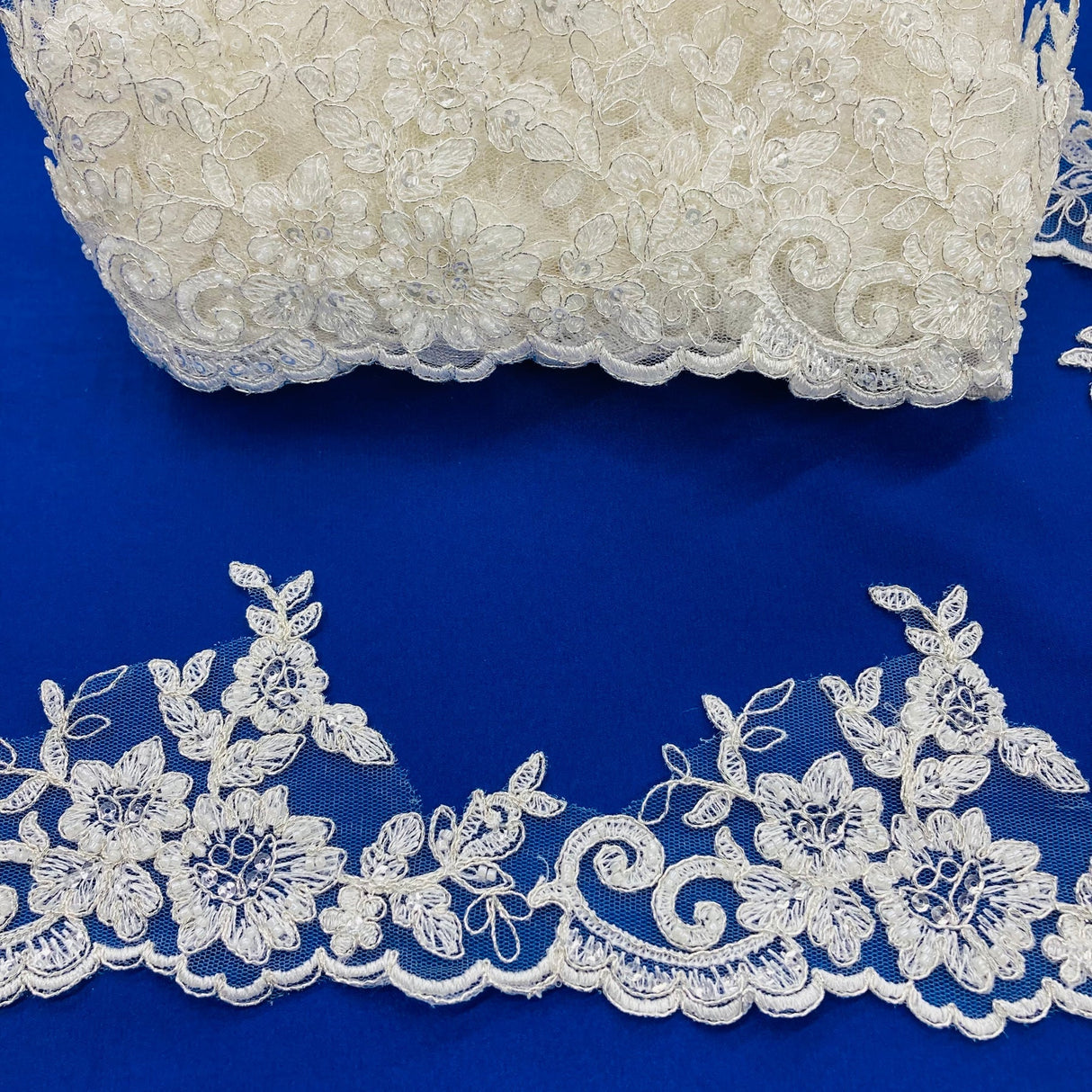 1 Yard 4″ Wide Beaded & Corded Lace Trimming Embroidered on 100% Polyester Net Mesh