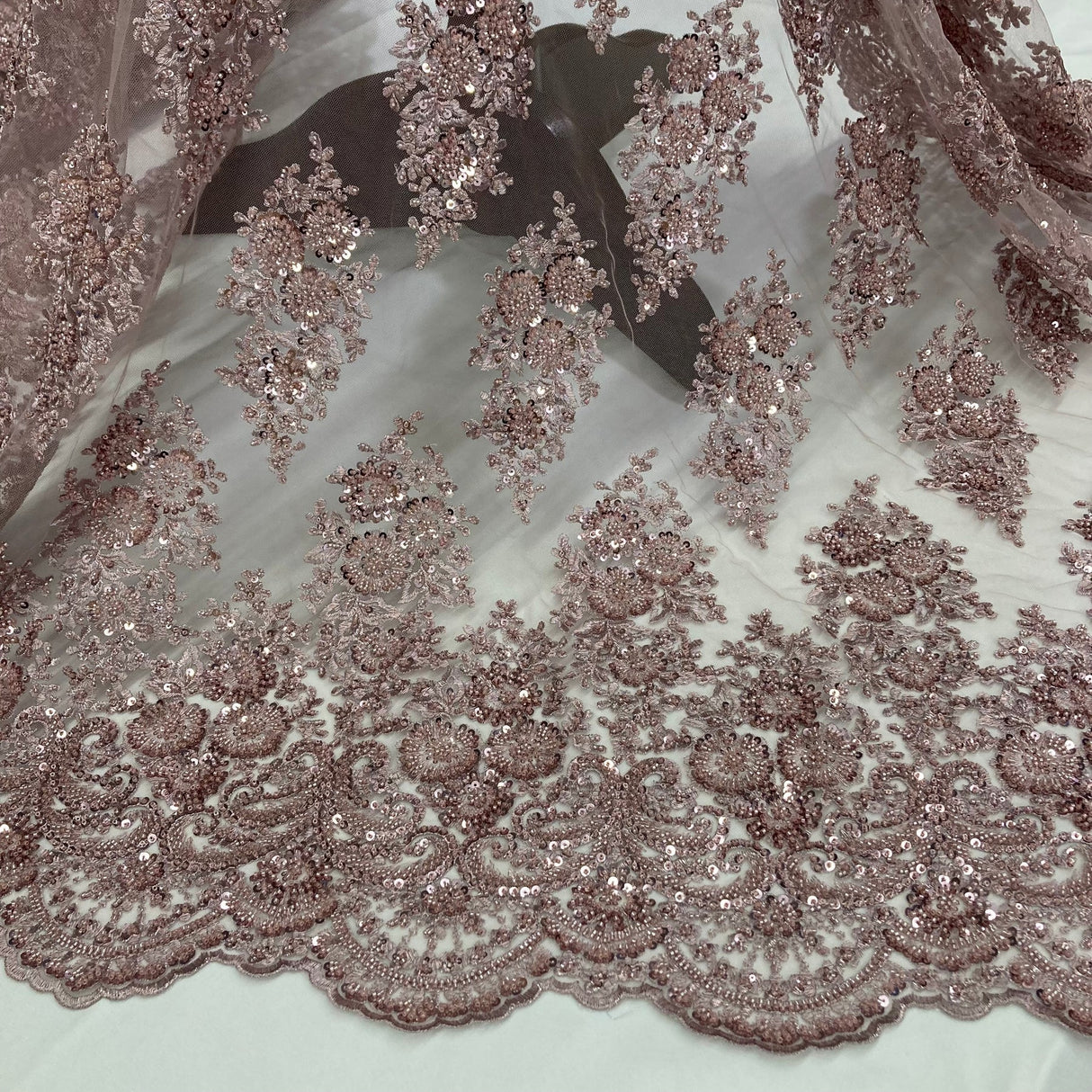 1 Yard Red Beaded Embroidered Lace Fabric on 100% Polyester Mesh, 50" Width