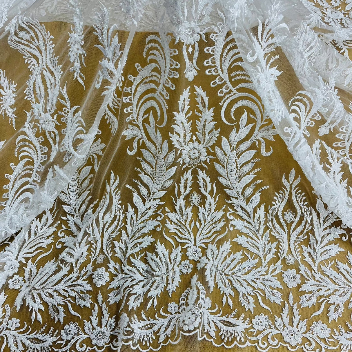 1 Yard Beaded & Sequined Lace Fabric on Polyester Net Mesh, 56" Wide Bridal & Evening Fabric