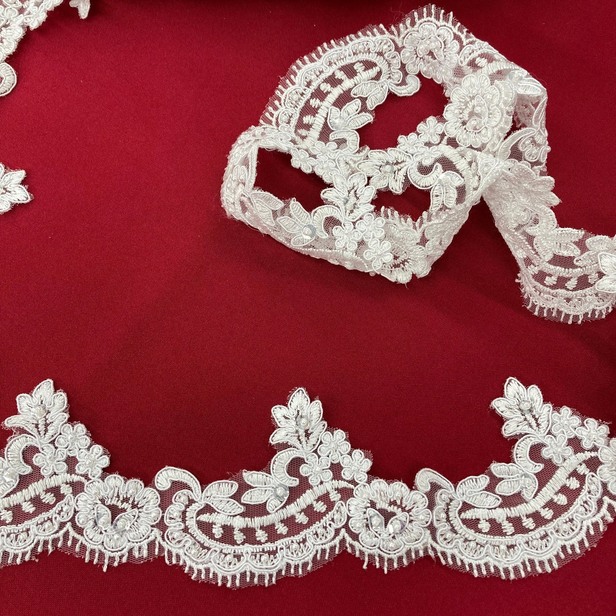 1 Yard Beaded & Corded Lace Trimming on Net Mesh – 3" Wide | Embroidered Decorative Lace for Dresses & Costumes
