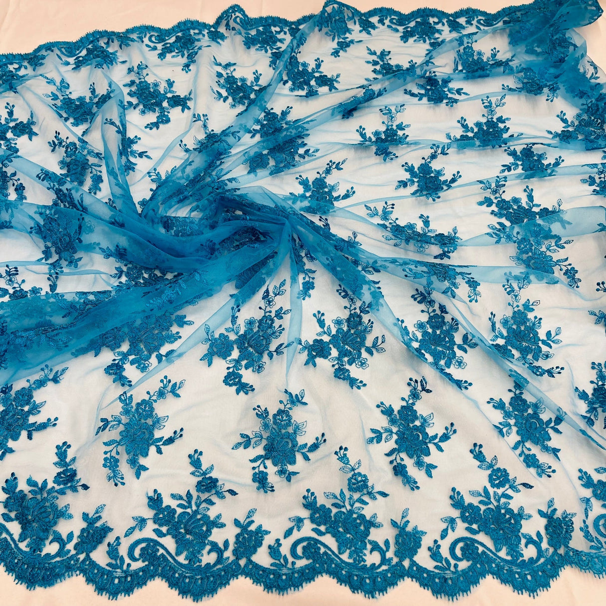 1 Yard Fuchsia Corded Bridal Lace Fabric Embroidered on Polyester Net Mesh 56 Inch Width