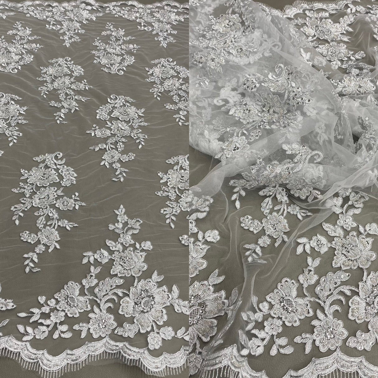1 Yard Exquisite White Hand-Beaded Corded Bridal Lace Fabric on Net Mesh 51 inch Width