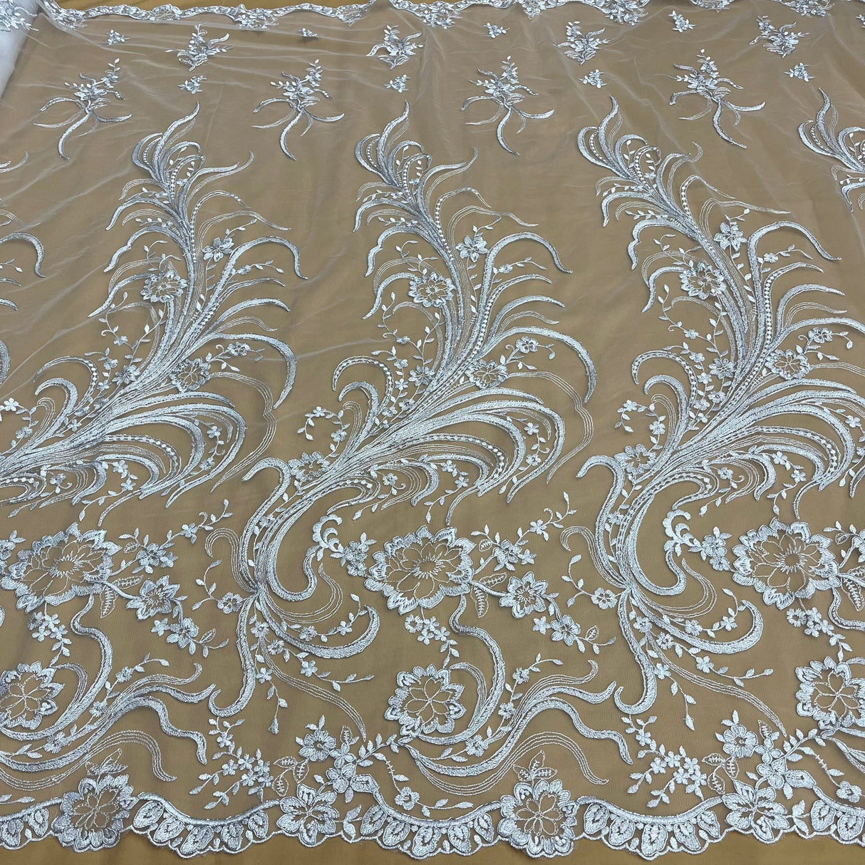 1 Yard Ivory Corded Bridal Lace Fabric Embroidered Elegant Mesh 54" Width