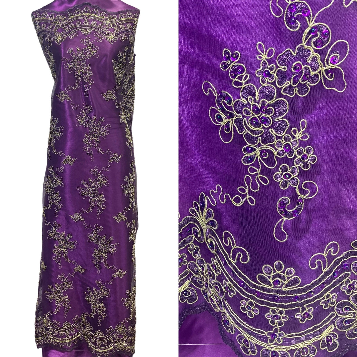 1 Yard Purple with Gold Exquisite Pearl Embroidered Beaded Corded Bridal Lace Fabric Net Mesh Purple Gold 54" Width