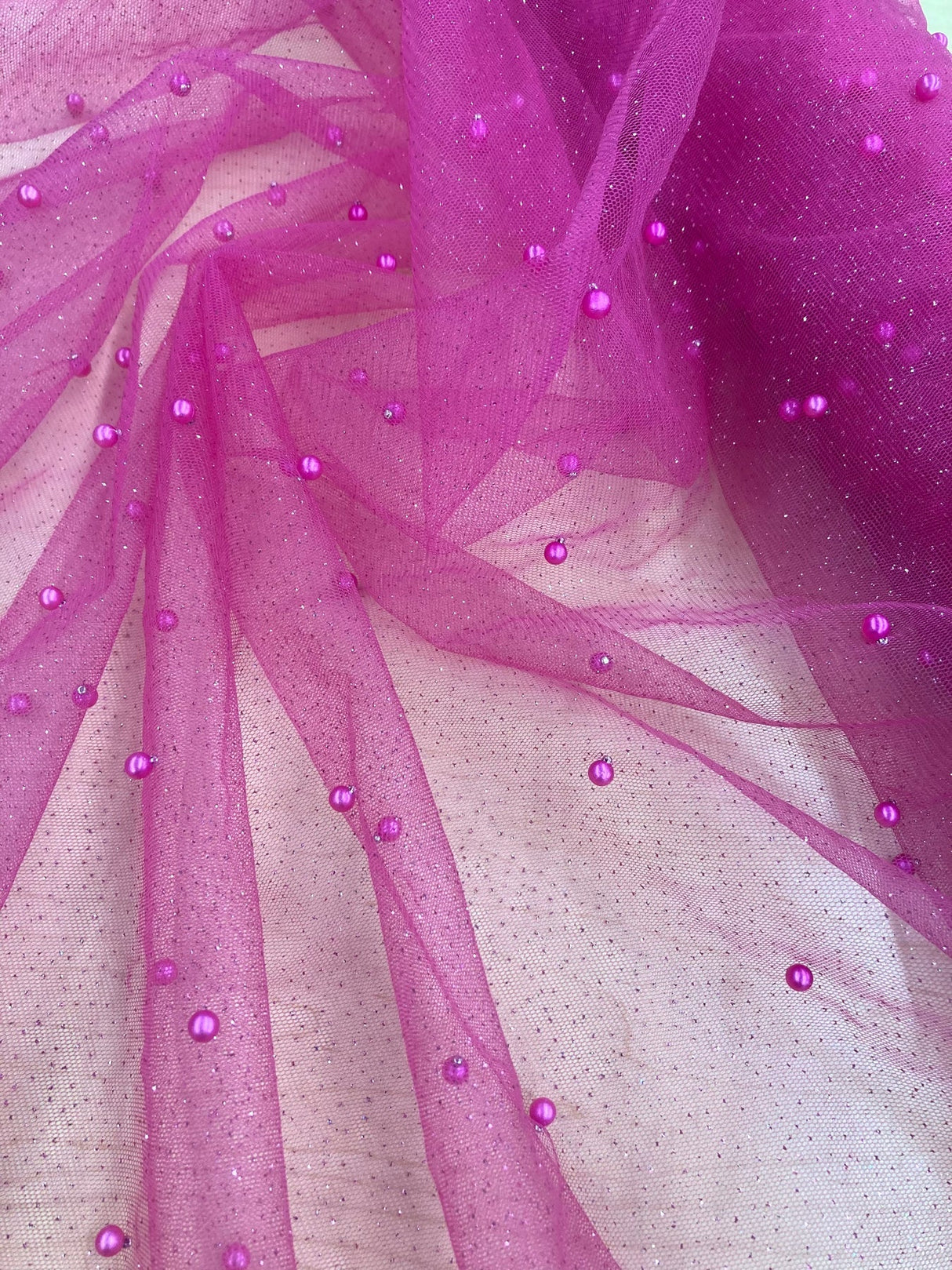 1 Yard Hunter Green Glitter Mesh Fabric with Scattered Pearls Stretch Soft Sparkle Net 60 Inch Width