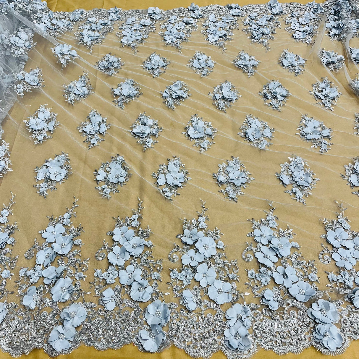 1 Yard Navy Beaded 3D Floral Embroidered Lace Fabric on Polyester Mesh, 54" Width,