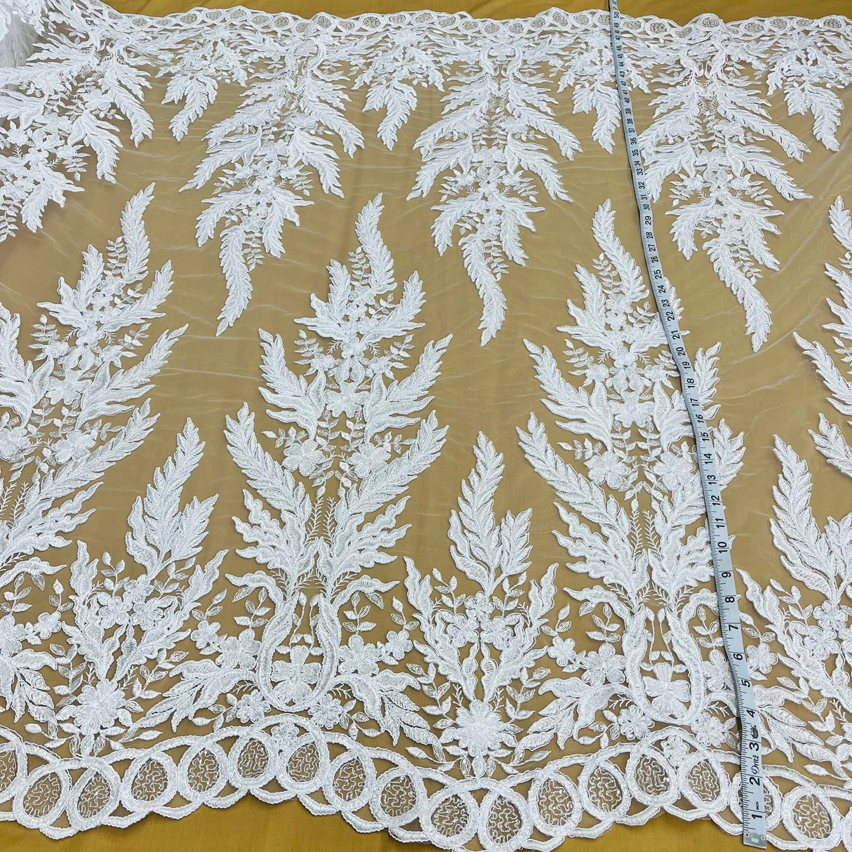 1 Yard Elegant White Beaded & Corded Embroidered Lace Fabric, 51" Wide, Bridal Fabrication for Gowns & Décor