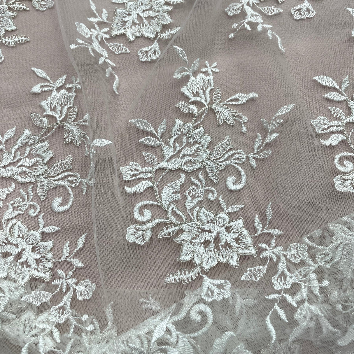 1 Yard Corded Bridal Lace Fabric Embroidered Net Mesh Sage Pink 53" Width