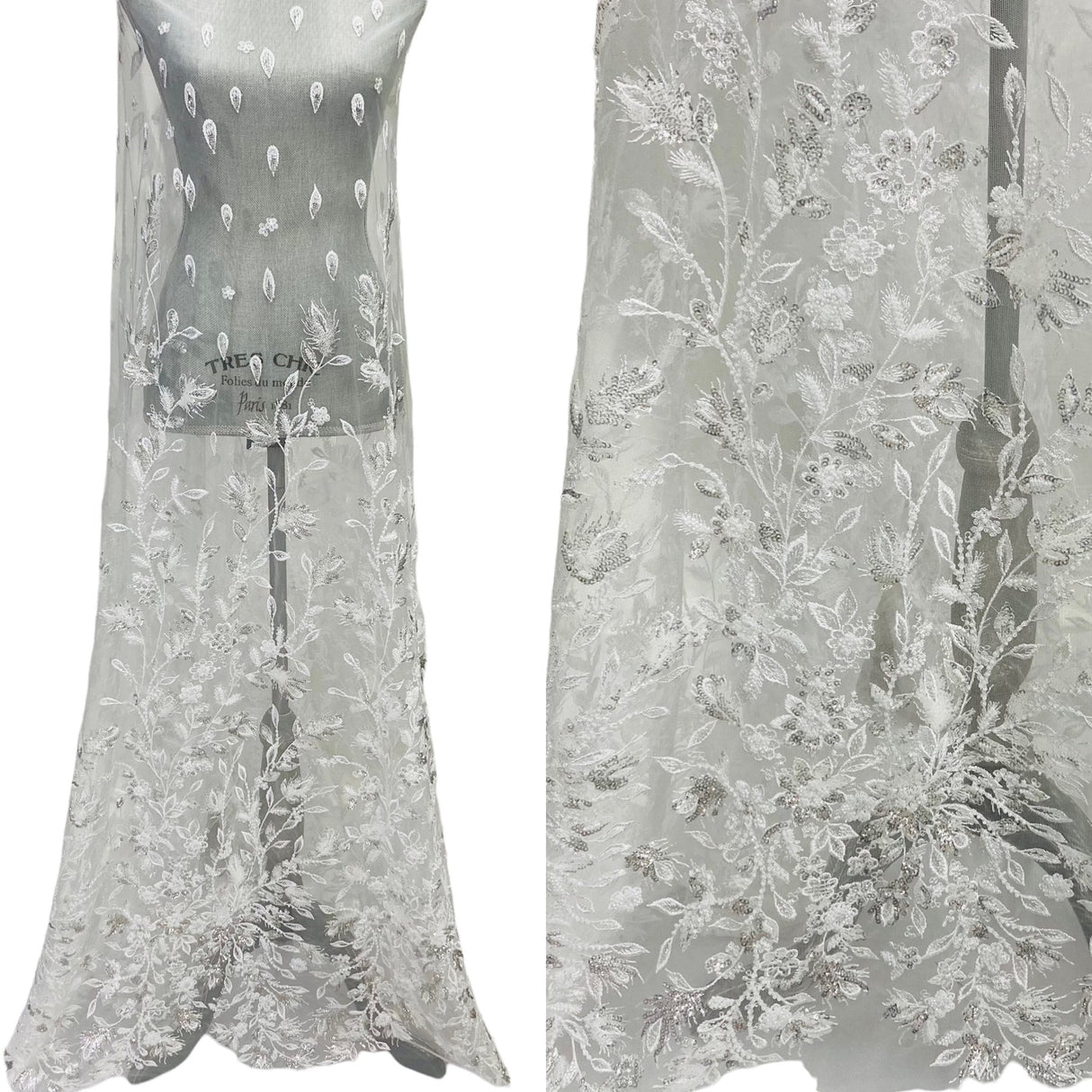 1 Yard Breathtaking White Beaded Sequined Lace Fabric on Net Mesh 54 inch Width