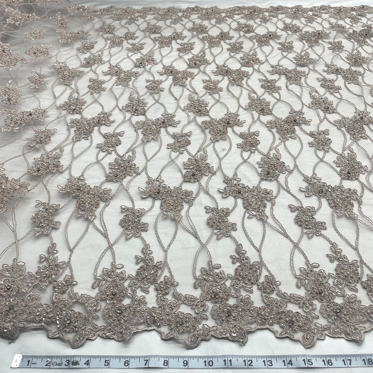 1 Yard Blush Beaded & Corded Bridal Lace Embroidered on Fabric 52" Wide Polyester Net Mesh