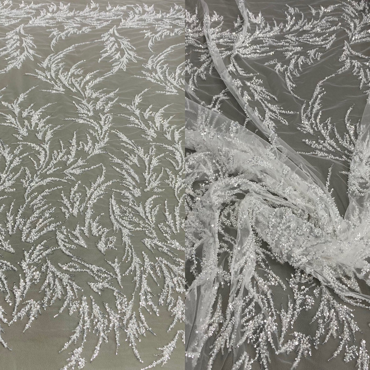 1 Yard Beaded Lace Fabric, 54" Wide Embroidered Polyester Net Mesh with Sequins & Pearls for Bridal, Evening & Quinceañera Dresses